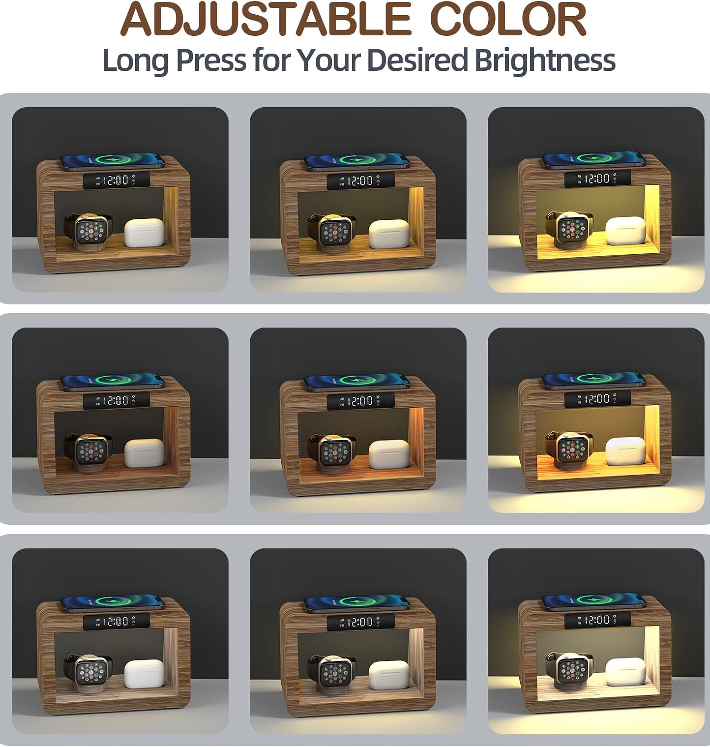 Wireless Charging Station with Clock, Desk Lamp 15W Fast Wireless Charger Night Light with 3 Color, Bamboo Wireless Charging Station Dock for iPhone/AirPod/iWatch, Gifts for Women Men