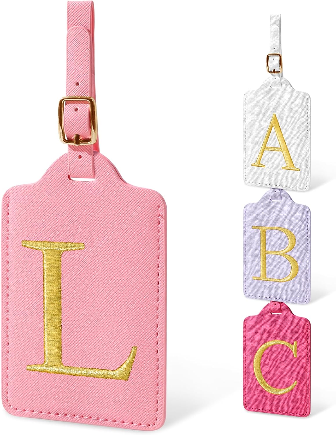 Personalized Initial Luggage Tags for Suitcases, Cute PU Leather Embroidered Letter Travel Luggage Tags, Suitcase Identifier Name Baggage Tag, Bag Tags for Men Women Kids Luggage Handbags(Pink L)