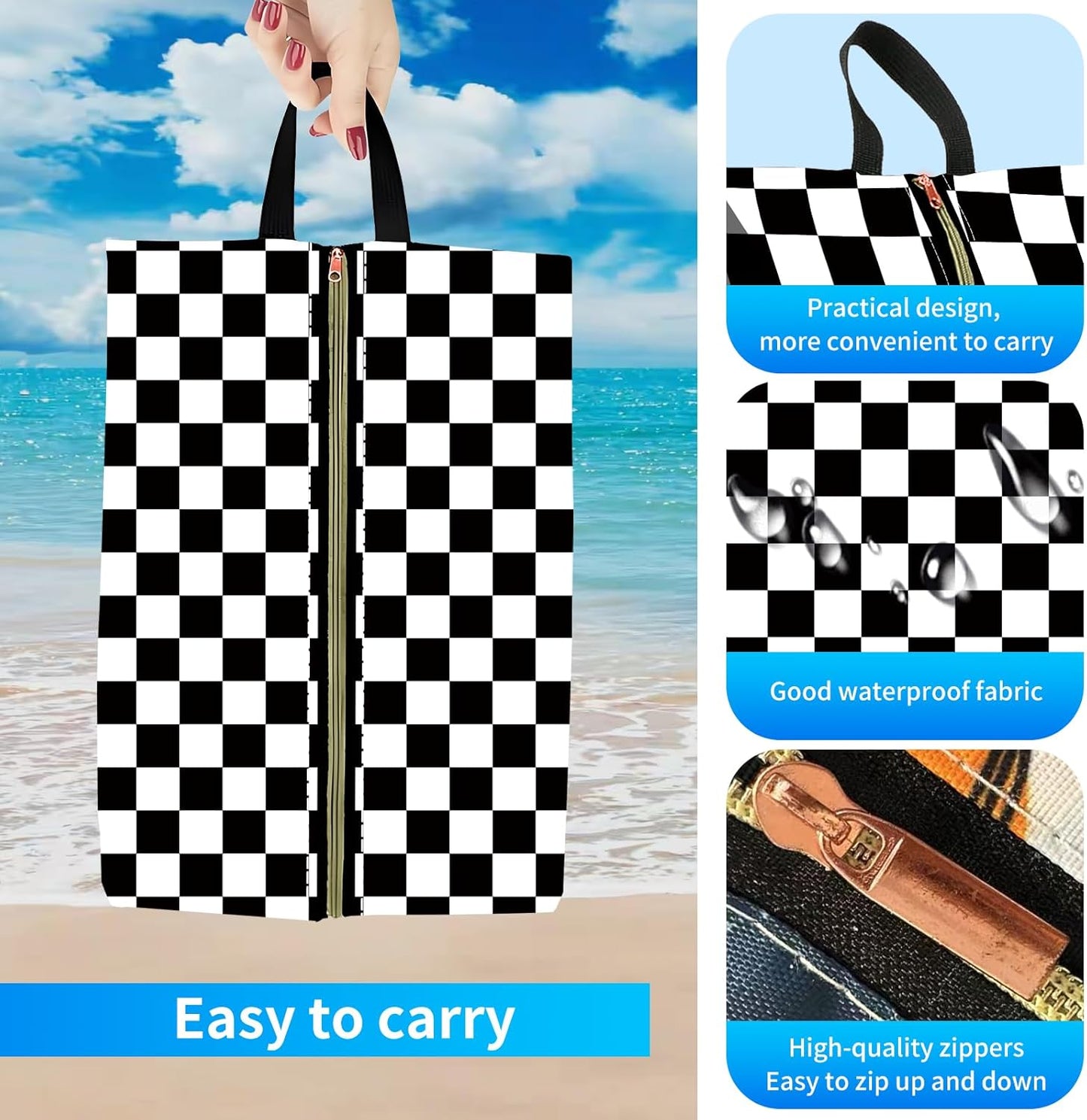 2pcs Shoe Organizer for Travel, Packing Shoe Travel Bags, Cute Shoe Bag with Zipper & Handle, Portable Travel Essentials for Women and Men Black White Checker