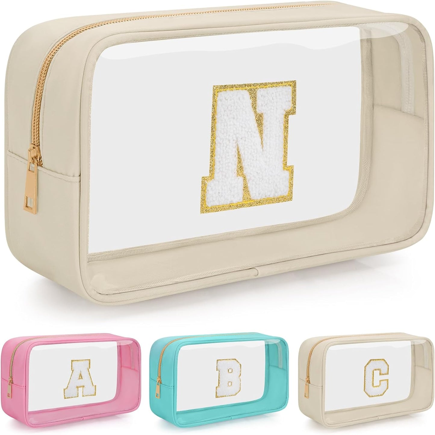 Personalized Initial Clear Makeup Bag, Travel Chenille Patch Cosmetic Bag, Preppy Toiletry Bag Monogram Cosmetic Pouch with Zipper, Ideal Gift for Teen Girls Women (Clear-Beige, N)