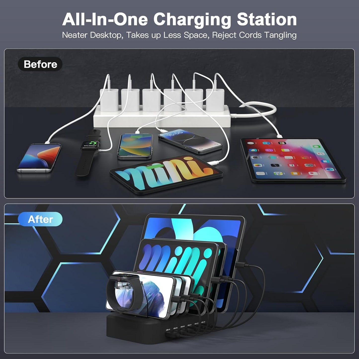 MSTJRY 90W 6-Port USB C Fast Charging Station for Multiple Devices, Multi PD Charger Station for iPhone iPad Tablet Phone, Charging Dock Organizer with Adjustable Dividers for Home Office Classroom