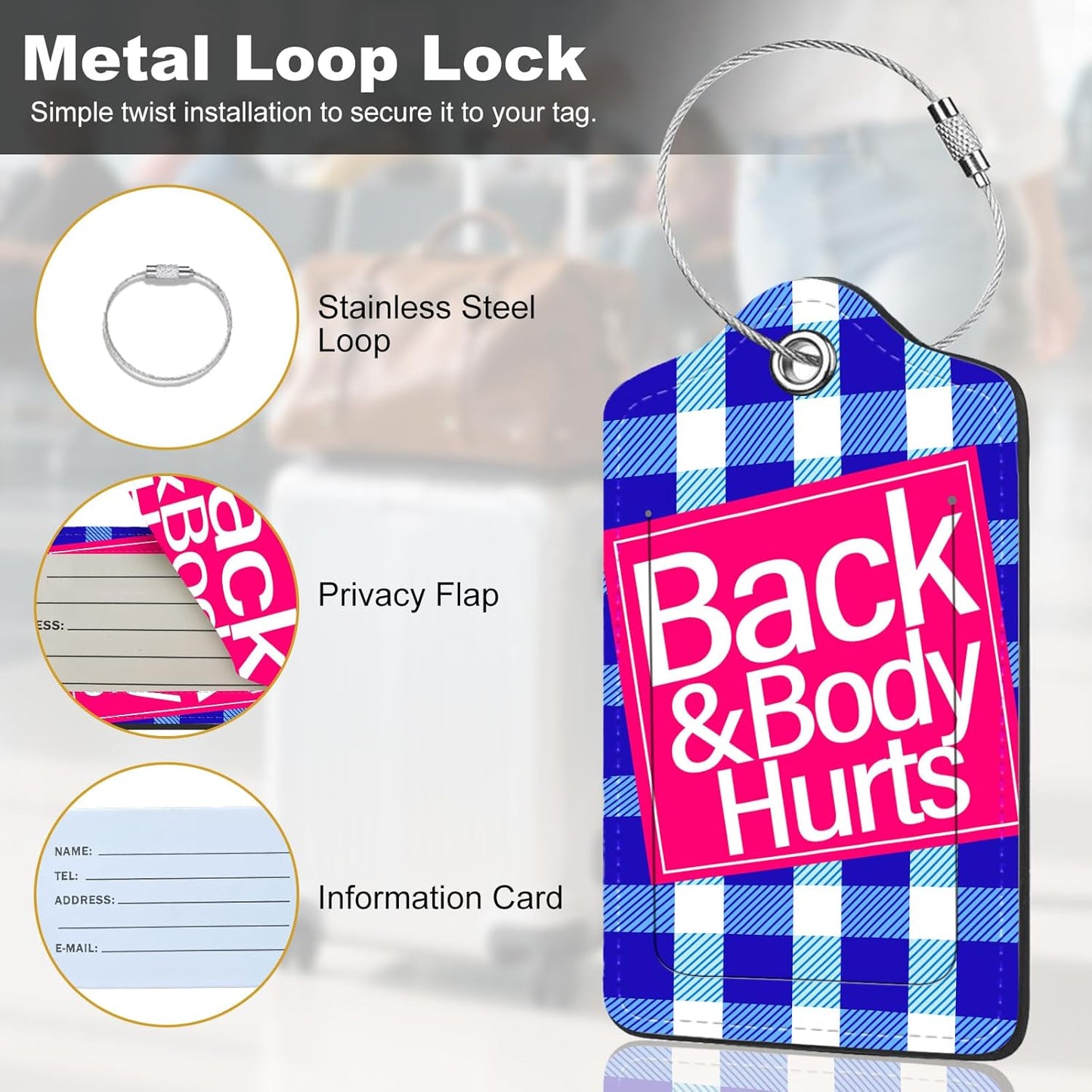 2Pack Luggage Tags for Suitcases, Cute Unique Pu Leather Cruise Luggage Tag with Privacy Cover ID Label Address Card and Metal Ring Suitable for Women Men Kids Travel Bag Blue Check