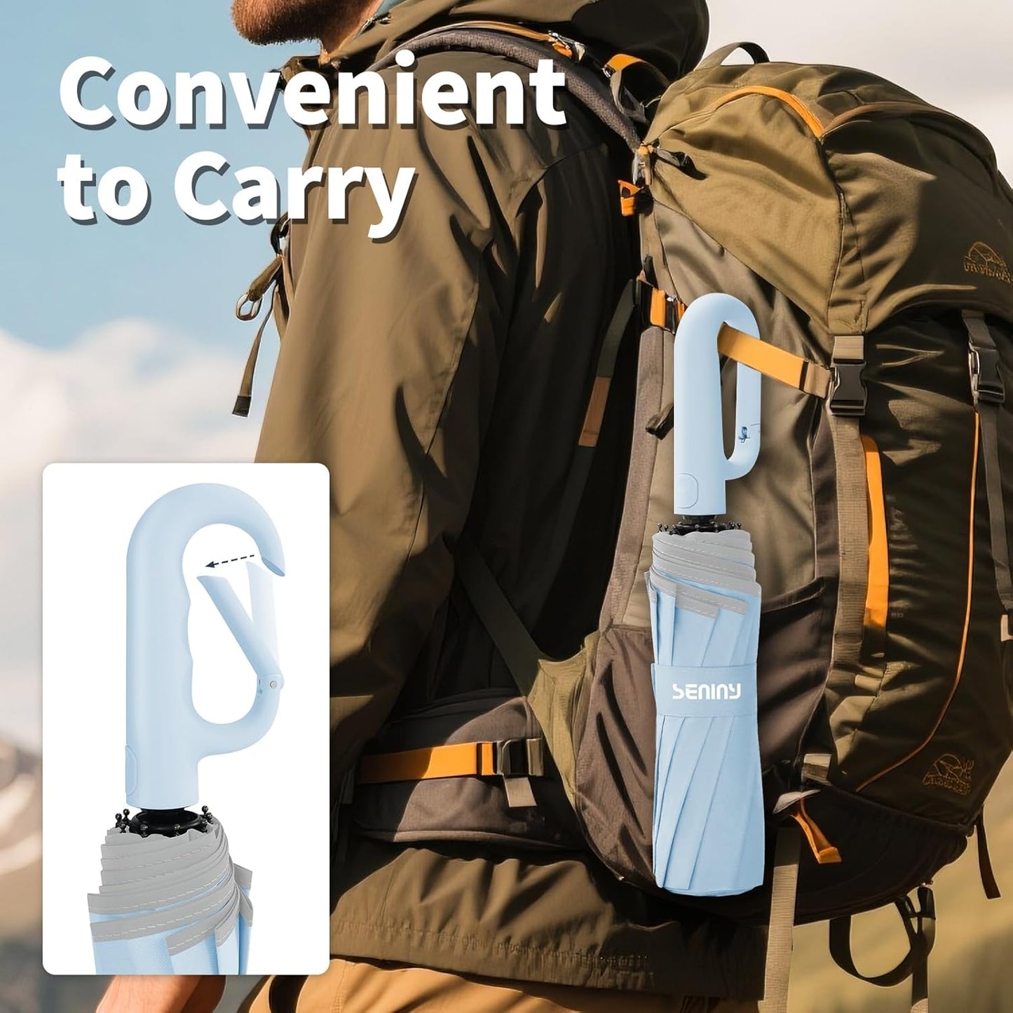 Seniny Travel Umbrella with Carabiner Handle, Windproof Large Umbrellas for Rain with Dual-Rib Structure, Portable Compact Umbrella with Reflective Strip, Car Backpack UV Umbrellas for Sun Protection