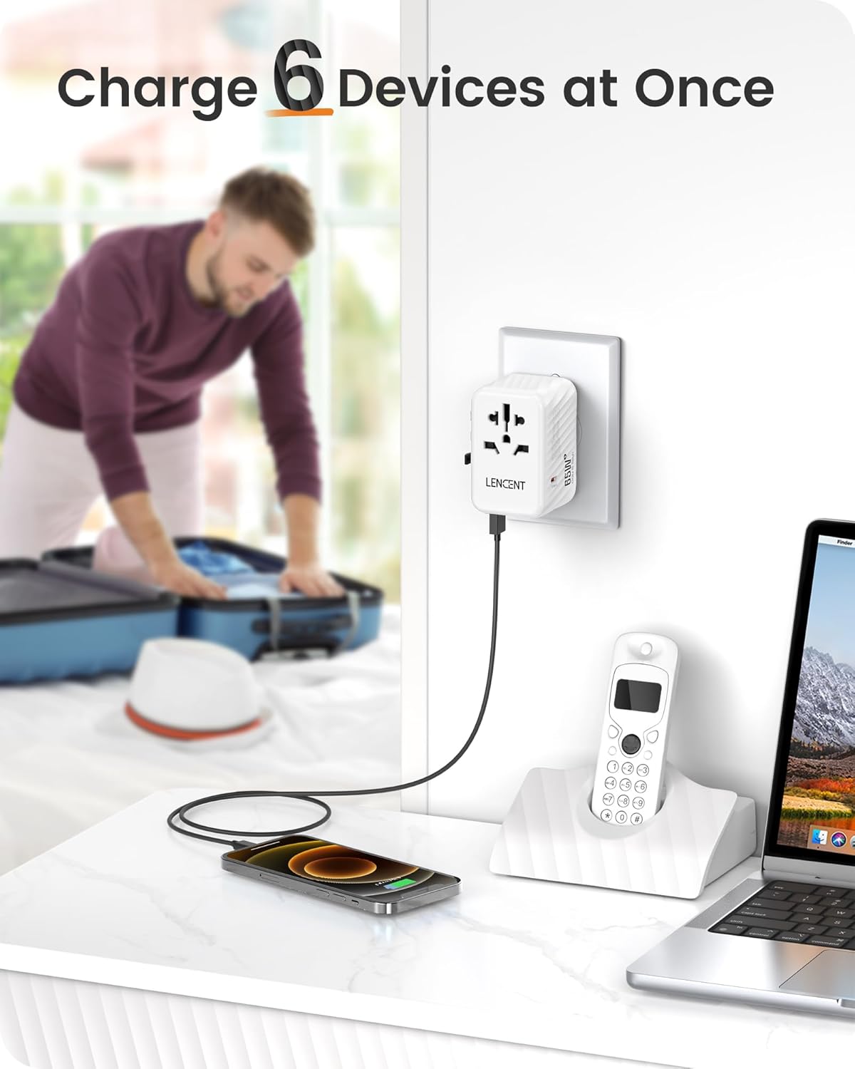 LENCENT International Travel Adapter, 65W GaN3 Universal Fast Charger with 2 USB A + 3 Type C PD