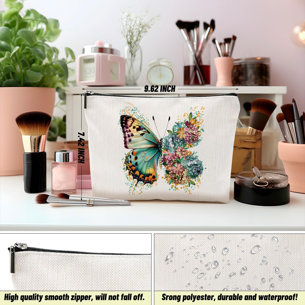 4PCS Aesthetic Butterfly Floral Makeup Bag Flowers Butterfly Gifts Cosmetic Bags for Women Girls, Aesthetic Zipper Pouch Travel Toiletry Bag Friend Gifts for Sisters Bestie Girlfriend