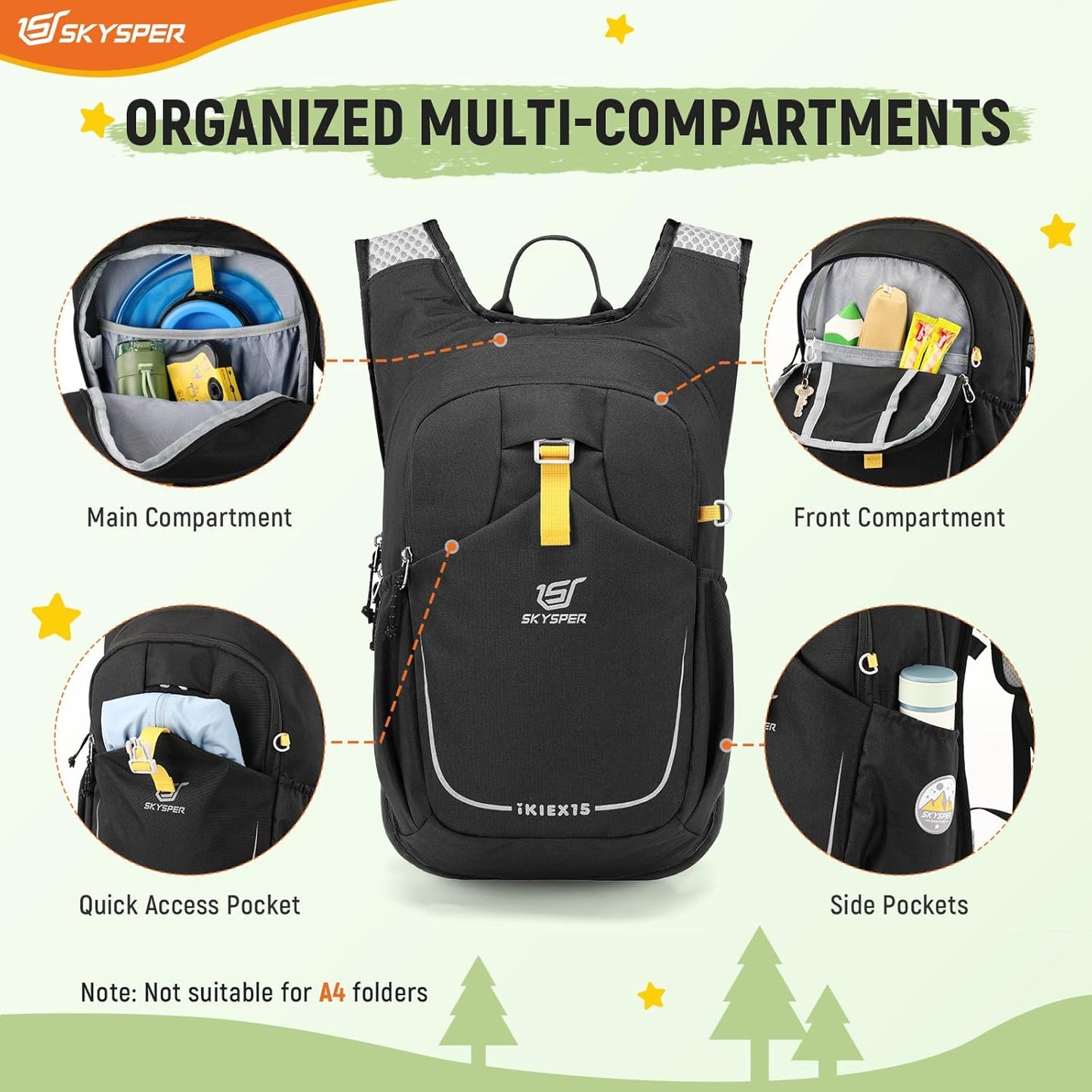 SKYSPER Kid Backpack for Boys Girls Kids Travel Backpack Day Pack for Outdoor Day Trips Kids 16" tall(Black)