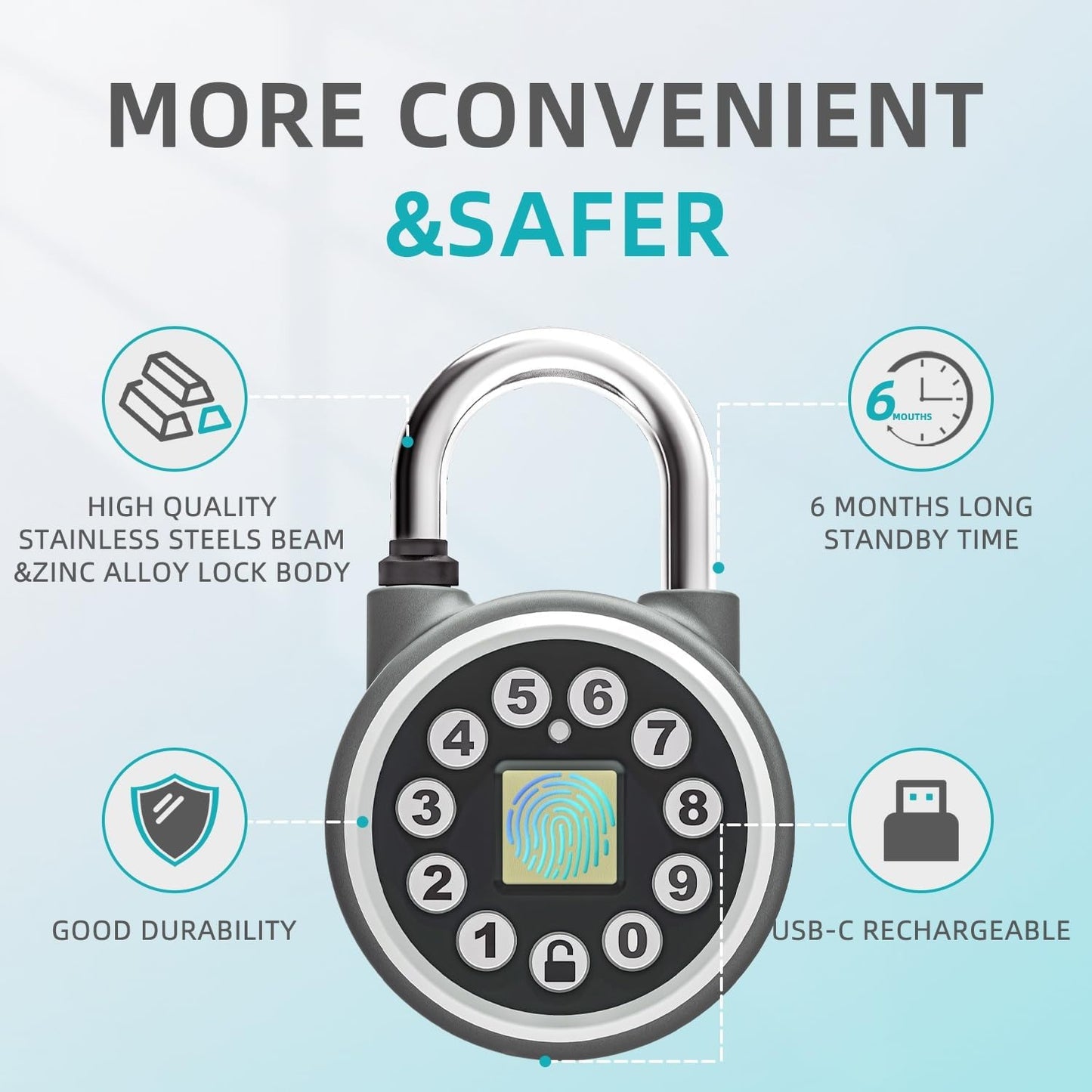 SFW Smart Bluetooth Fingerprint Padlock, Water Resistant, Silver, Suitable for Gyms, Sports Facilities, Bicycles, Schools, Luggage, Lockers