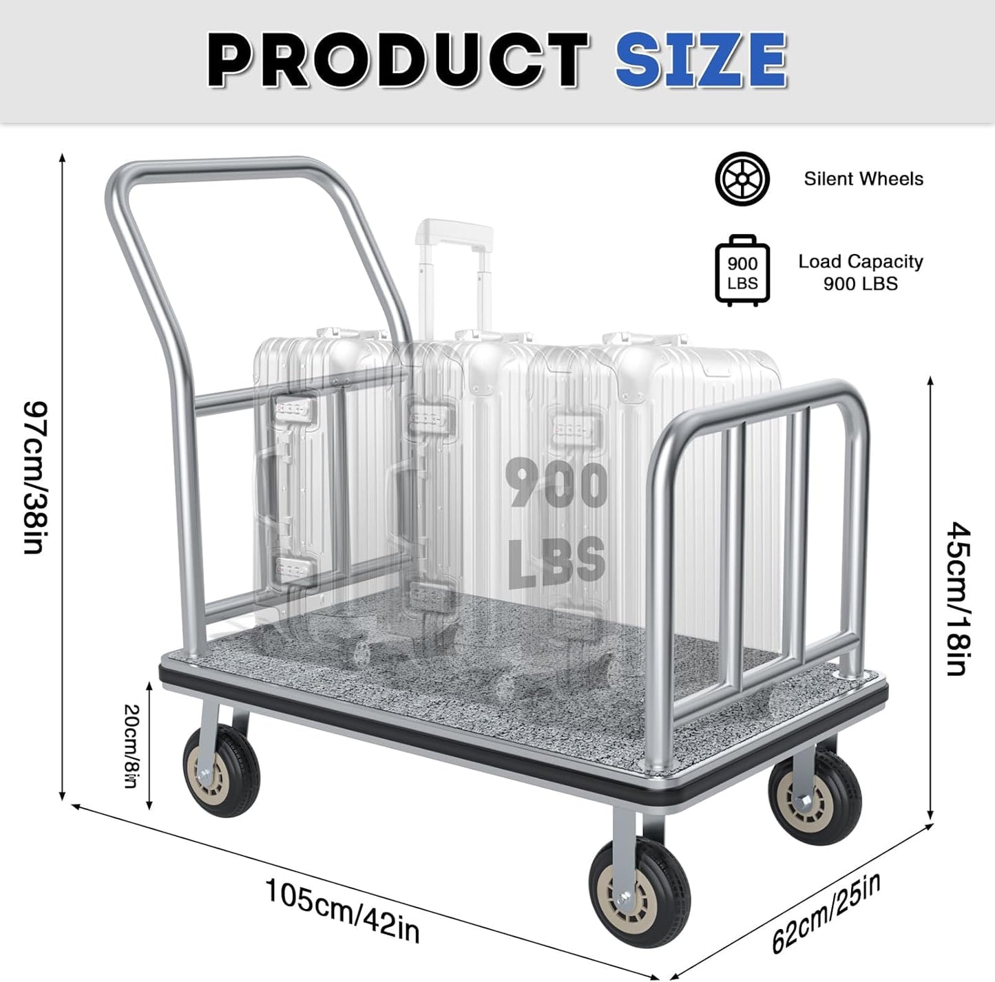 Heavy Duty Luggage Cart - 8" Wheels, Commercial Hotel Luggage Trolley, 900lbs Capacity Bellman Cart with Platform for Hotels & Airports