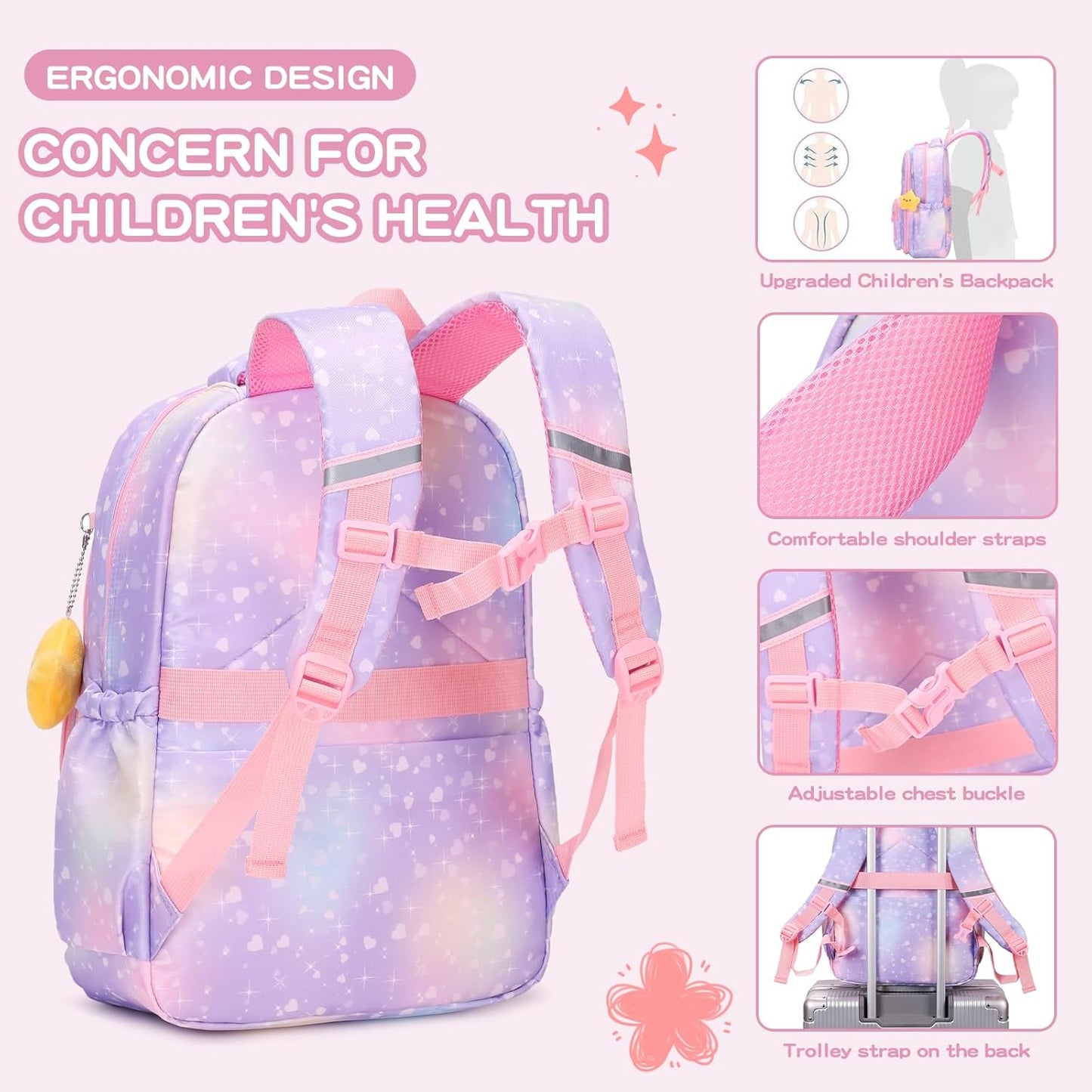 3PCS Kids Backpack for Girls, Girls Backpack Set,Cute Bunny Rainbow School Backpack with Lunch Box Pencil Case 16.5in