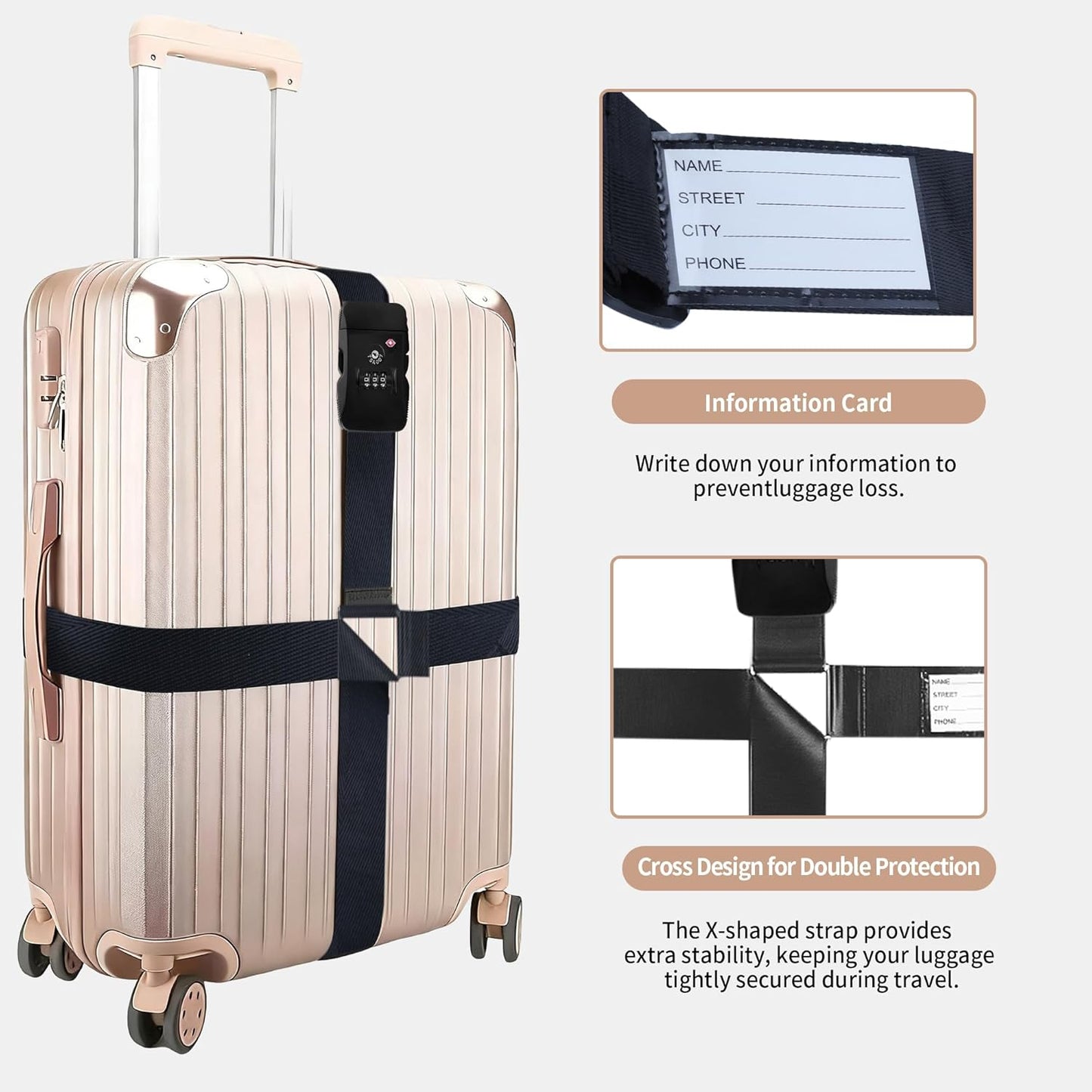 Luggage Straps, TSA Approved Black Heavy Duty Suitcase Belt with Combination Lock, Adjustable Cross Strap for Checked and Carry-On Bags, Includes ID Name Tags (1-Pack)