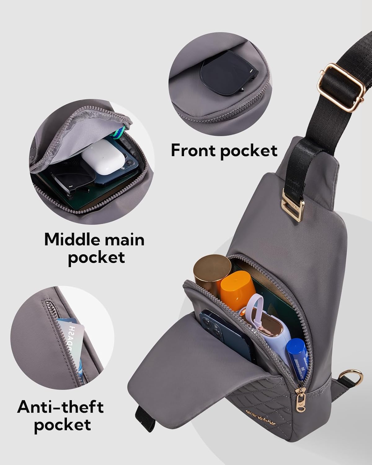 WATERFLY Small Crossbody Sling Backpack: Fashion Chest Crossbody Bag for Women Men Anti Theft Stylish Casual Daypack Trendy Travel Bags-Grey