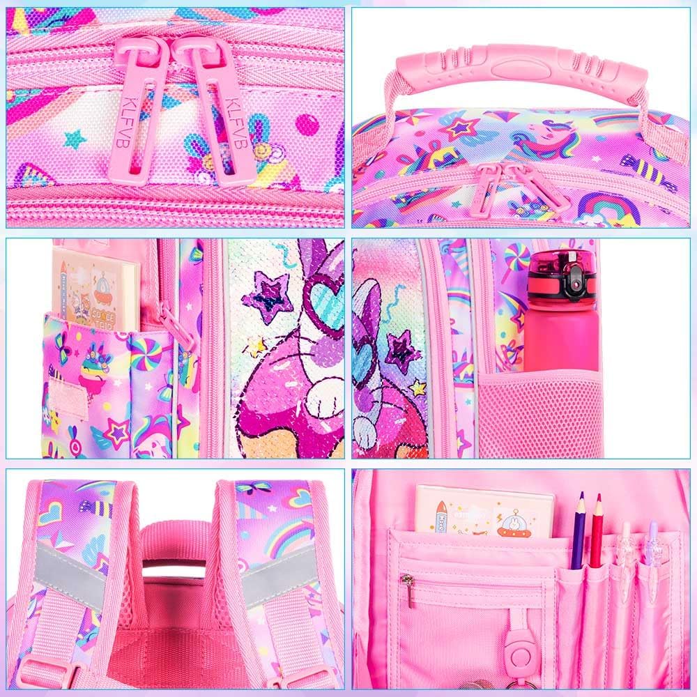 3PCS Girls Backpack, 16" Sequin Prechool Elementary Bookbag and Lunch Box