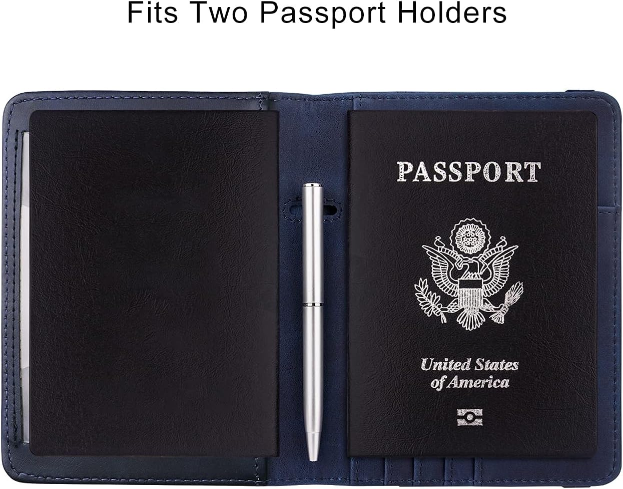 WALNEW Passport Holder for Travel, RFID Passport Cover Wallet for Women Men, PU Leather Passport Book Case with Pen Holder and Clear Photo Slot, Navy Blue