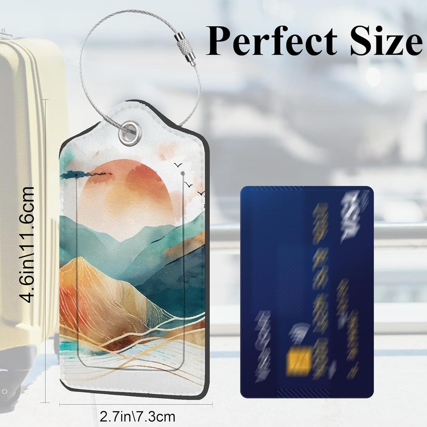 Abstract Mountains 2 Pack PU Leather Luggage Tags with Stainless Steel Loop, Watercolor Sunset and Mountains Travel Labels with Privacy Cover ID Label for Quick Spotting