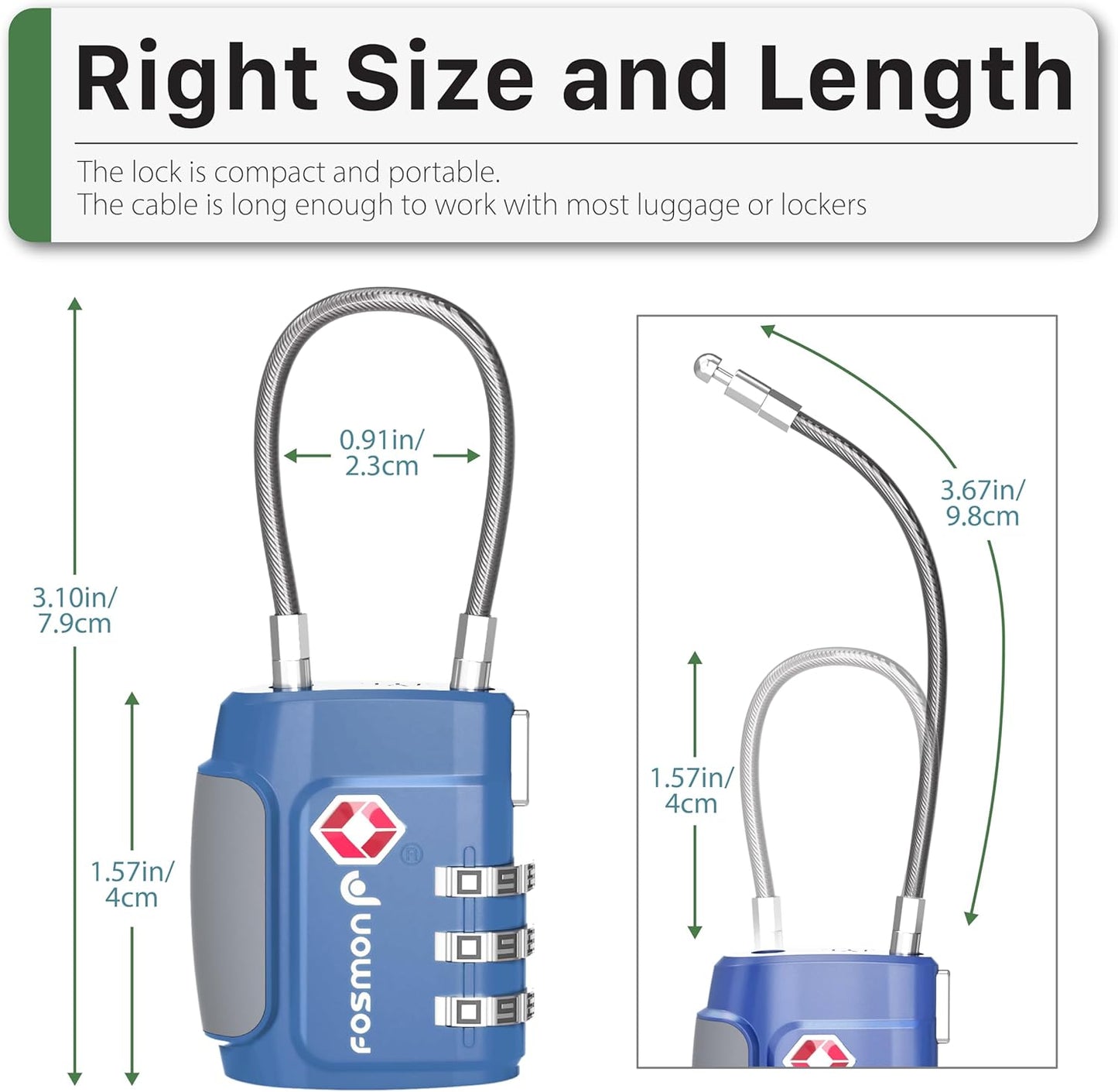 Fosmon TSA Approved Cable Locks for Luggage, Suitcase Locks with Push Release Button, 3 Digit Long Shackle Combo Wire Locks for Backpack, Gym Locker