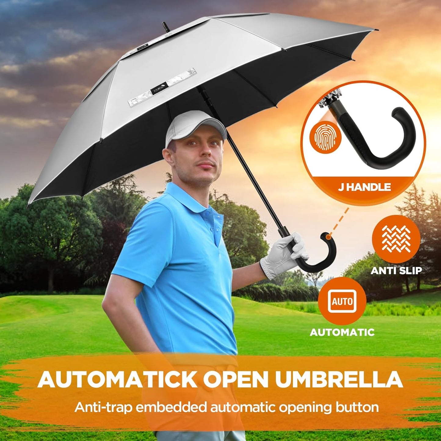 ZOMAKE 62/68" Windproof Golf Umbrella UV Protection, Automatic Oversize Golf Umbrellas Double Canopy Vented Sun Blocking Push Cart for Rain Sun