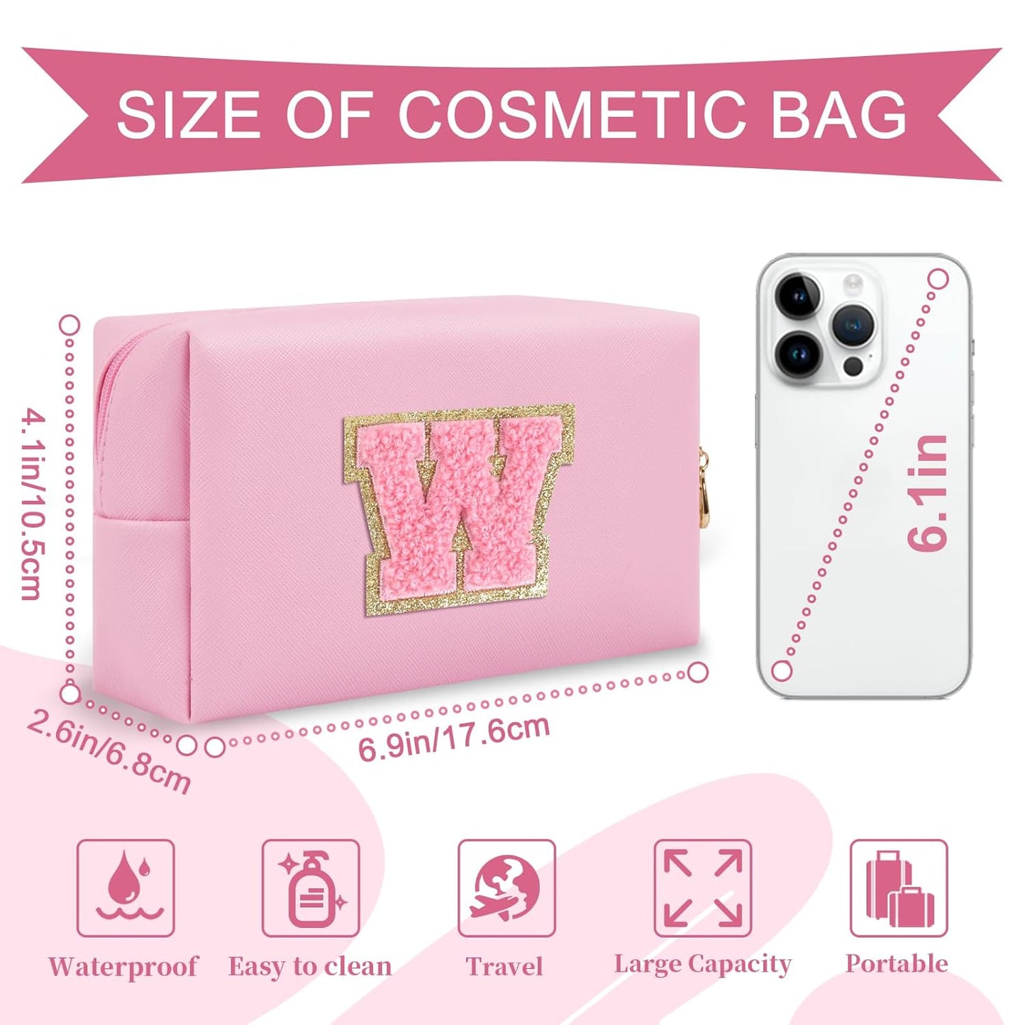 Personalized Initial A-Z Preppy Patch Makeup Bag,Small PU Leather Chenille Letter Cosmetic Bag with Zipper for Teen Girls,Pink Cute Travel Toiletry Bag,Birthday Monogrammed Gift for Daughter,Letter W