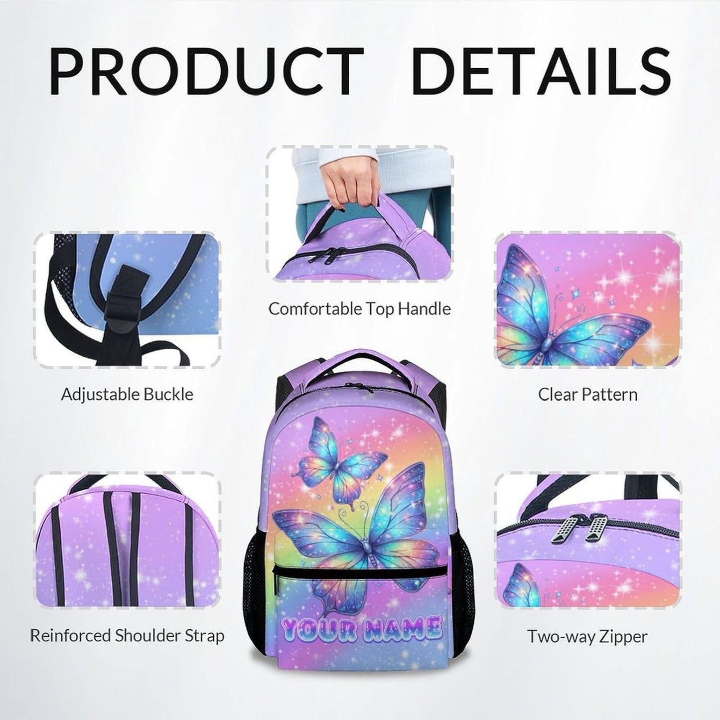 Bookbag for Girls, Personalized Butterfly Backpacks for Kids, Elementary Preschool School Bag for Toddler, 17" Custom Cute Rainbow Bookbag with Name