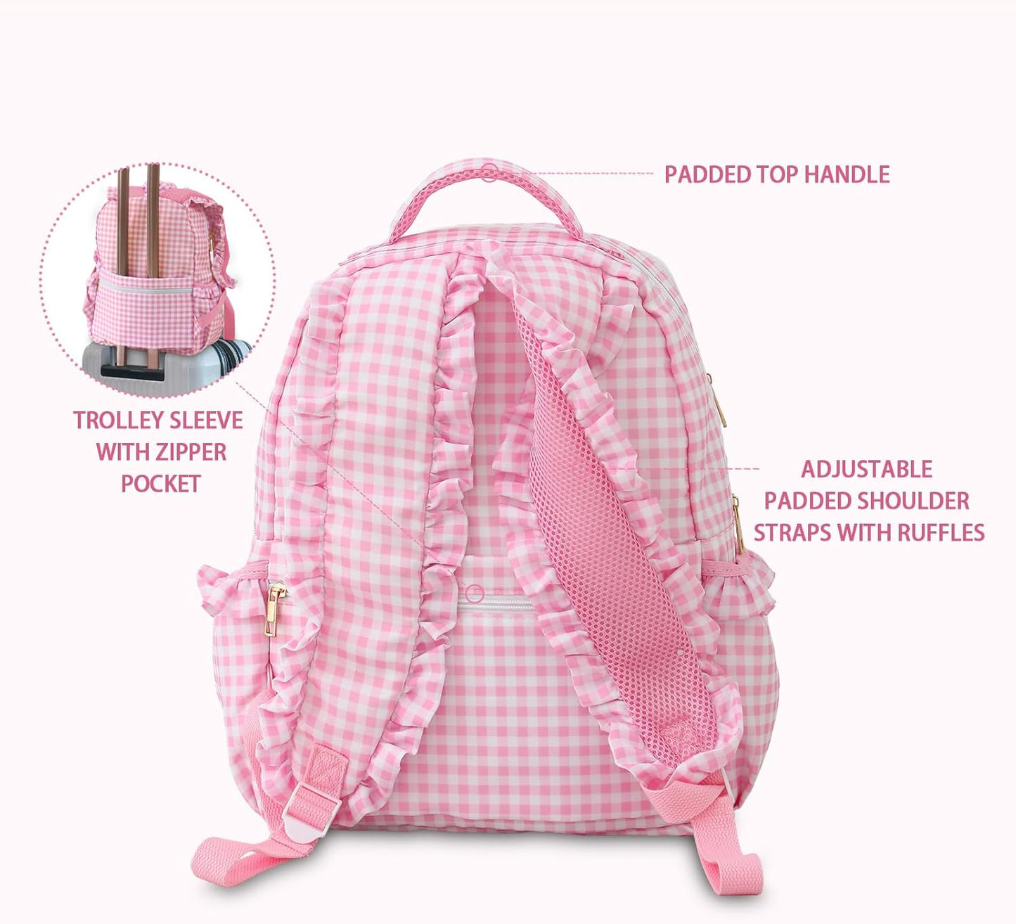 DYSHAYEN Kids Backpack for Girls, 15" Ruffled Backpack for School Kindergarten Bookbag 5-8, Fully Opened Compartment (Pink Gingham)