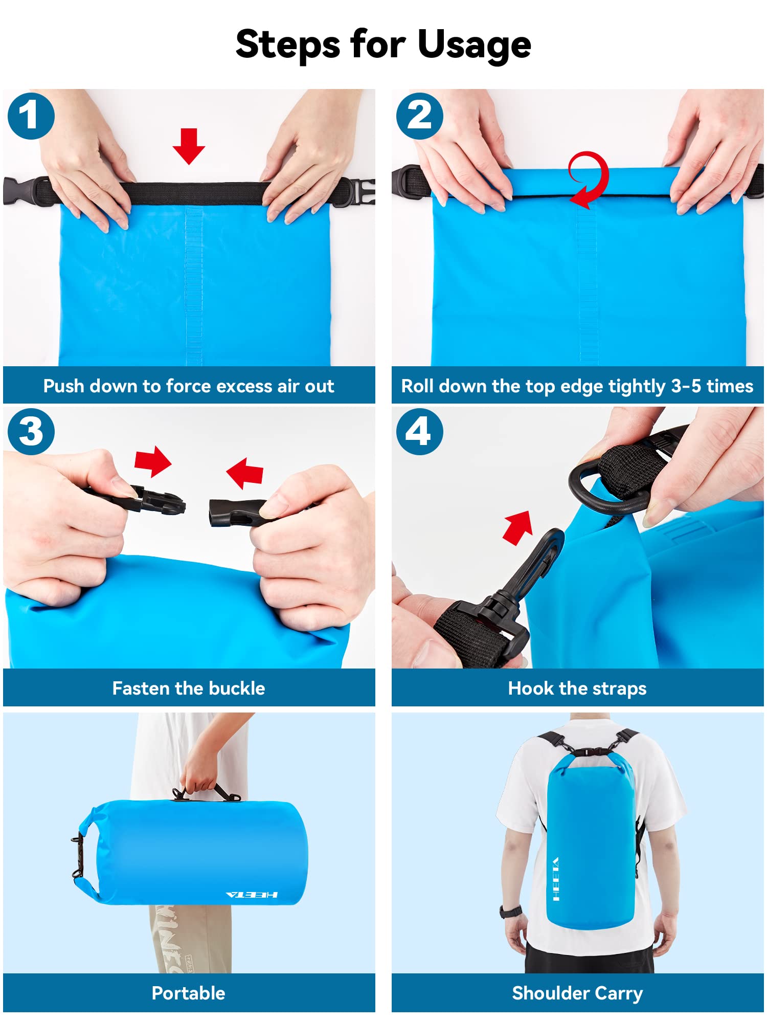 HEETA Waterproof Dry Bag for Women Men, Roll Top Lightweight Dry Storage Bag Backpack with