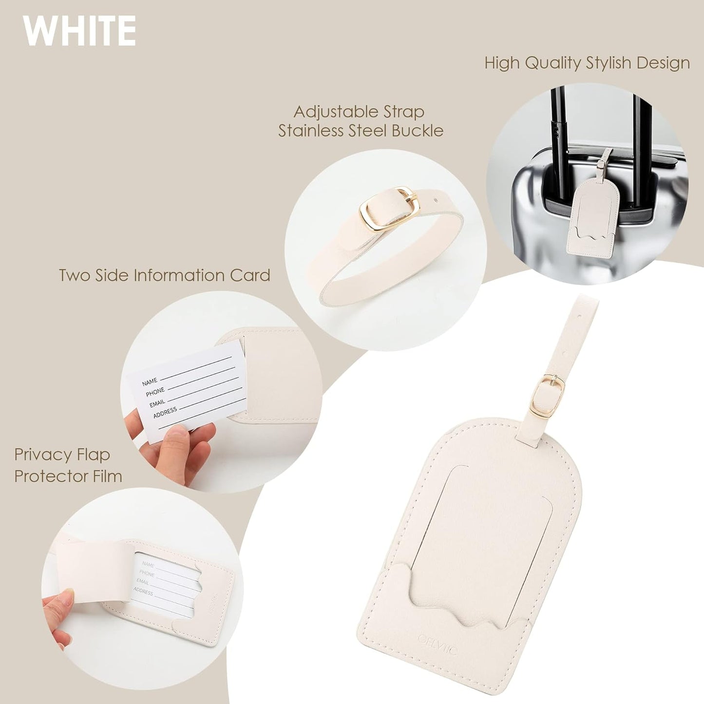 Faux Leather Luggage Tags for Suitcase Tag Set Privacy Protection with Identifie Name Lable ID Card Baggage tag for Men Women Travel Accessories, 2/4 Pack (LT07-White*4)