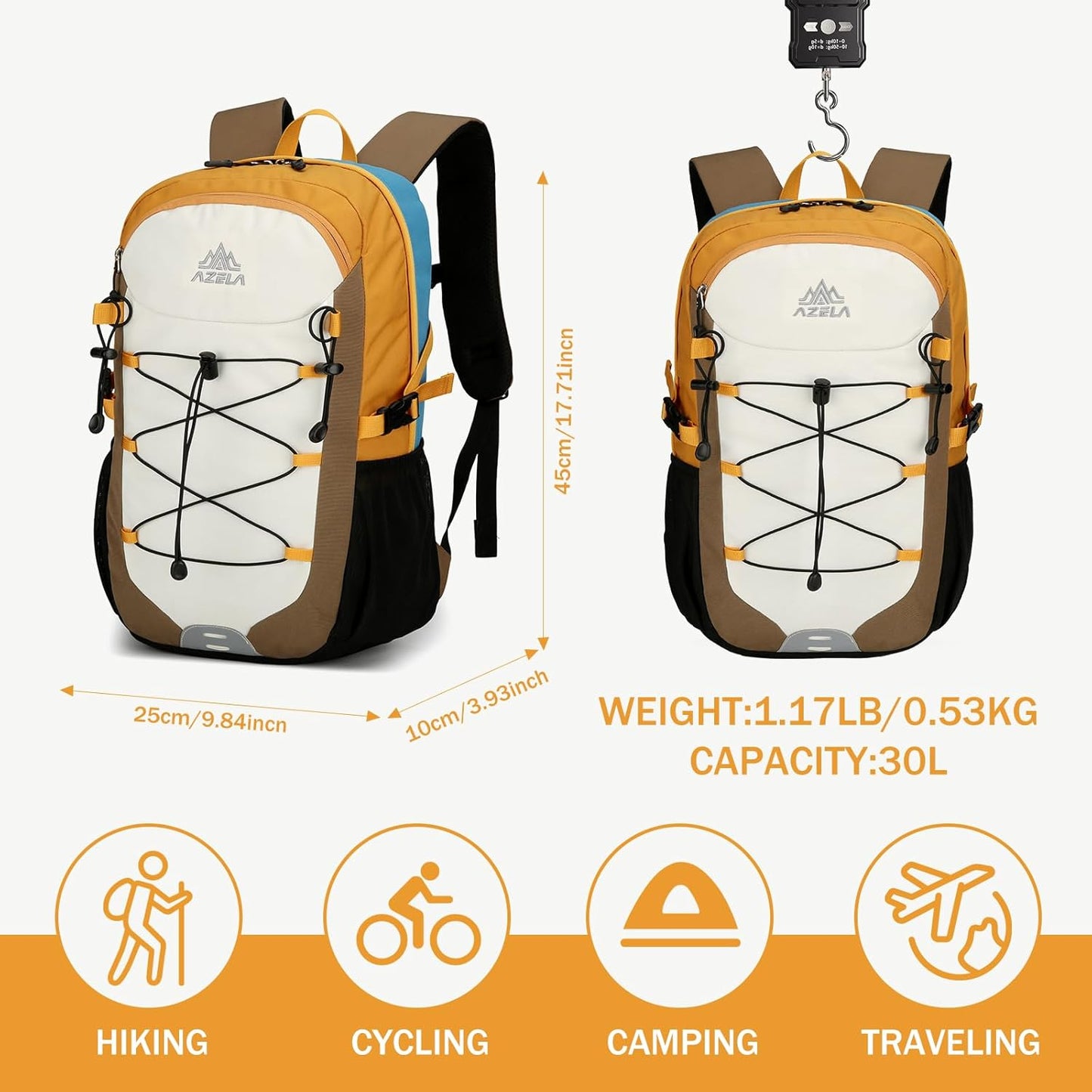 GES 30L Hiking Backpack Lightweight Water Resistant Daypack with Rain Cover & Laptop Compartment for Travel, Camping, trekking, Work(Khaki)