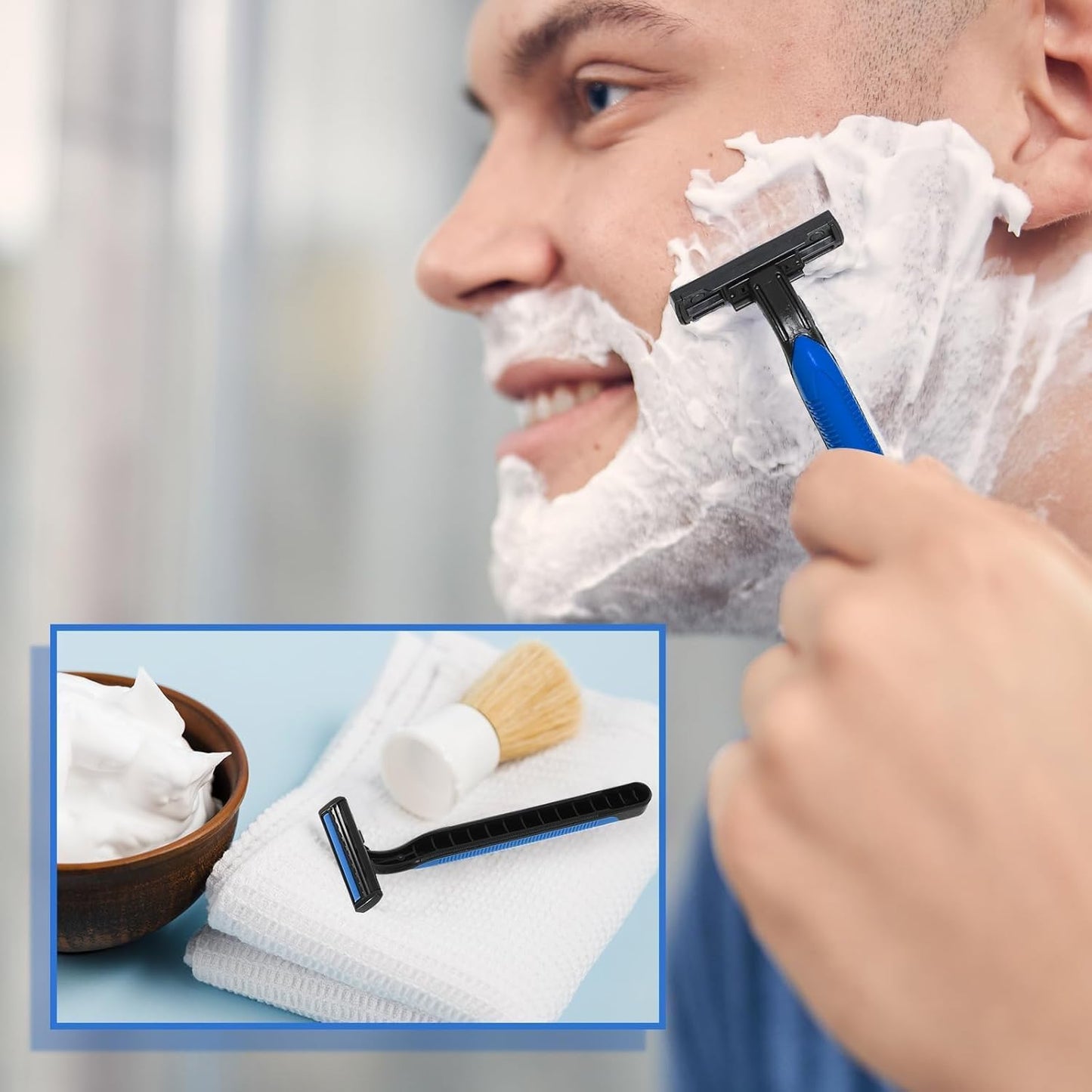 240 Pack Disposable Twin Blade Razors Individually Wrapped, Clear Safety Cap， Multipurpose Portable Shave Razor for Man Woman Bathing Hotel Travel （Blue)