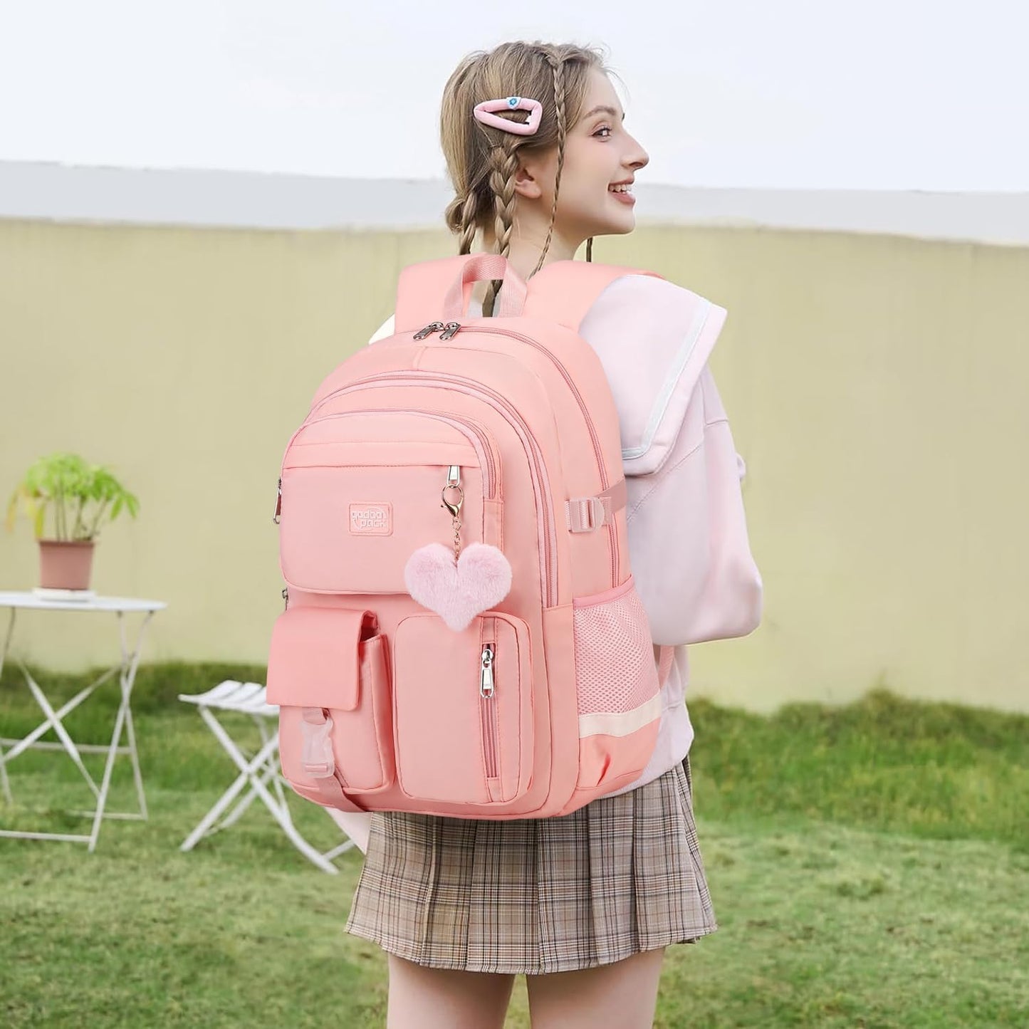 3PCS Backpack For School Women College Middle High Teen Girls Student Bookbag Waterproof Laptop Bag Pink