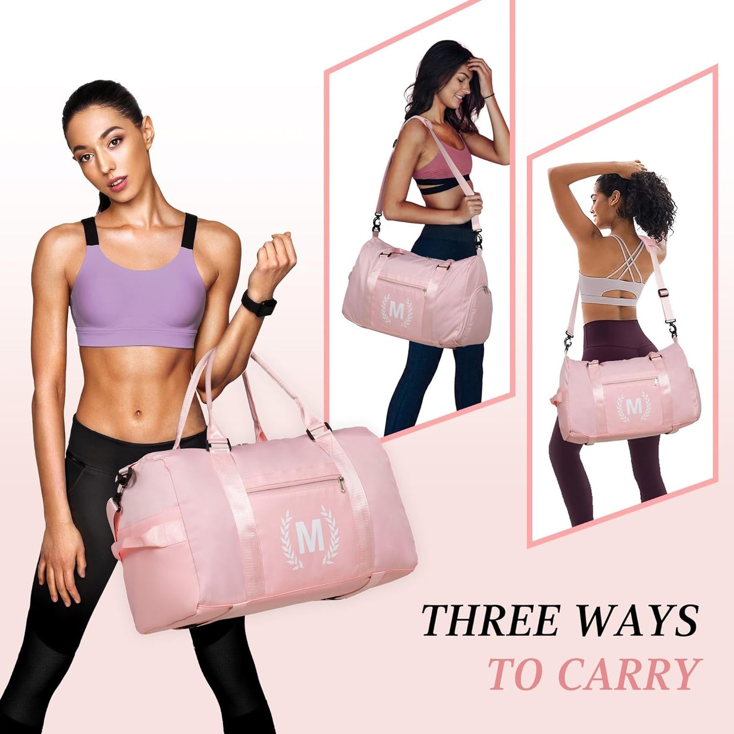 Gym Bag for Women, Personalized Duffle Bag with Shoe Compartment for Yoga & Dance with Wet Pocket and Mat Strap.