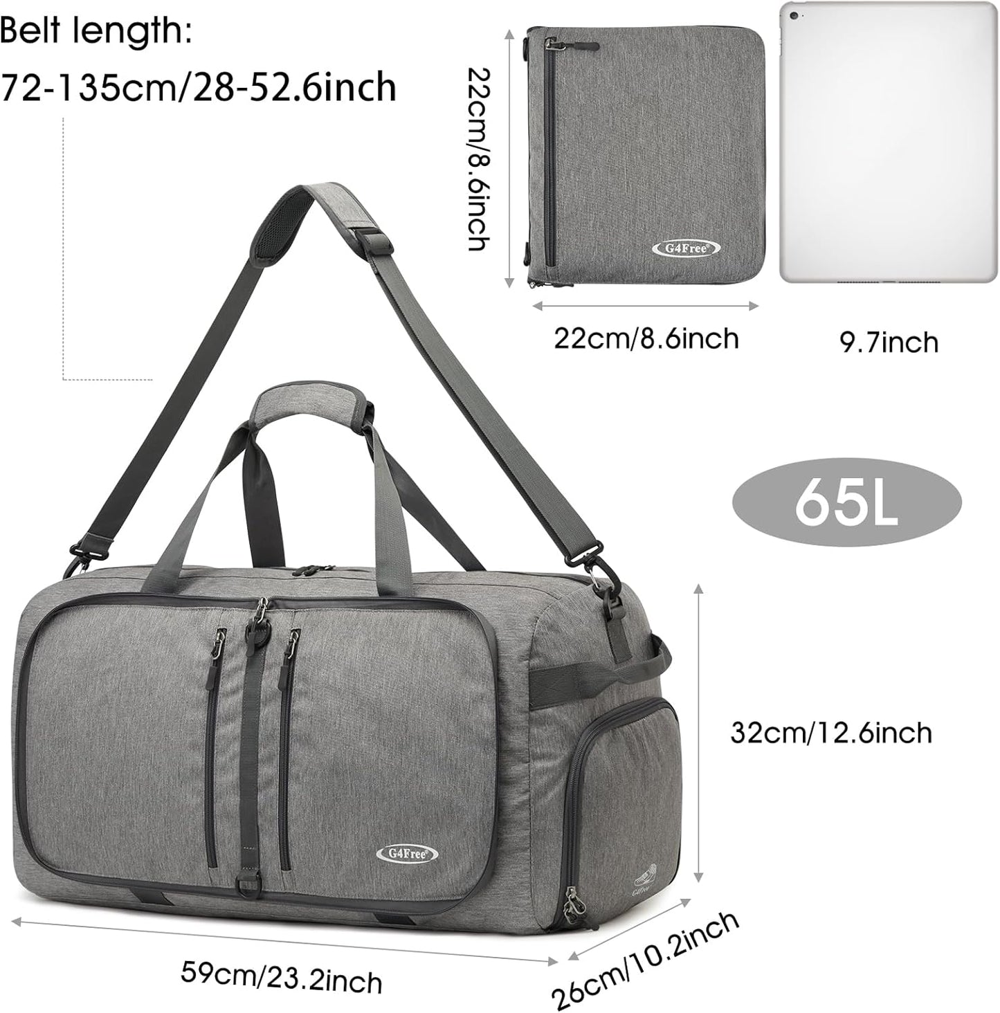G4Free 40L/65L Foldable Duffel Bag, Water-Repellent Travel Backpack, Lightweight Carry Bag for Overnight Weekender Sports Men Women