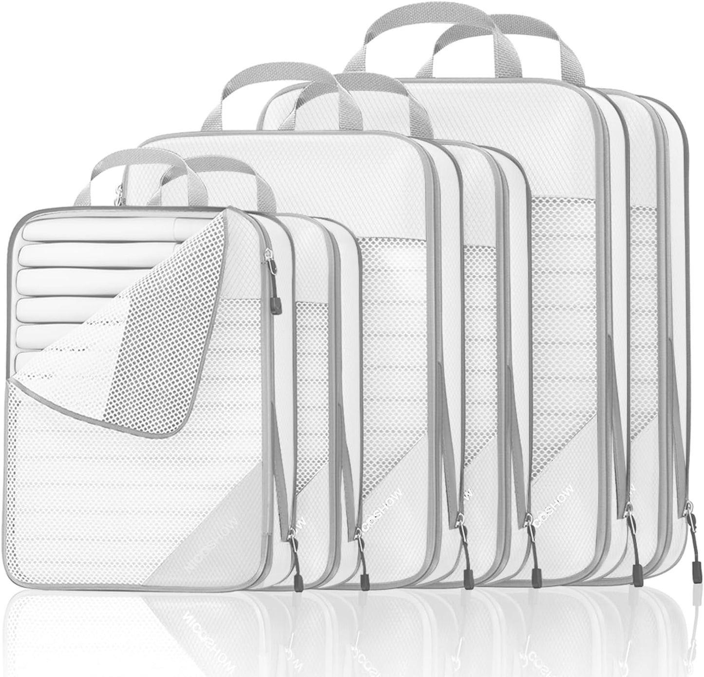 Compression Packing Cubes 6 Set, Compressible Space-Saving Packing Cubes for Travel - Compression Bags, Luggage Organizer, Travel Essentials for Women, White