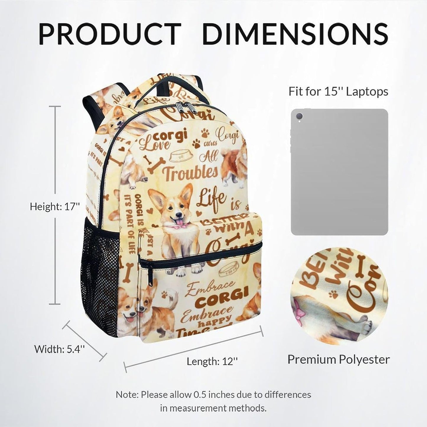 Mercuryelf Boys Bag for School - Cute Corgi Kid Backpack for School, Travel - 17 Inch Dog Bookbag for Teens Corgi Lovers