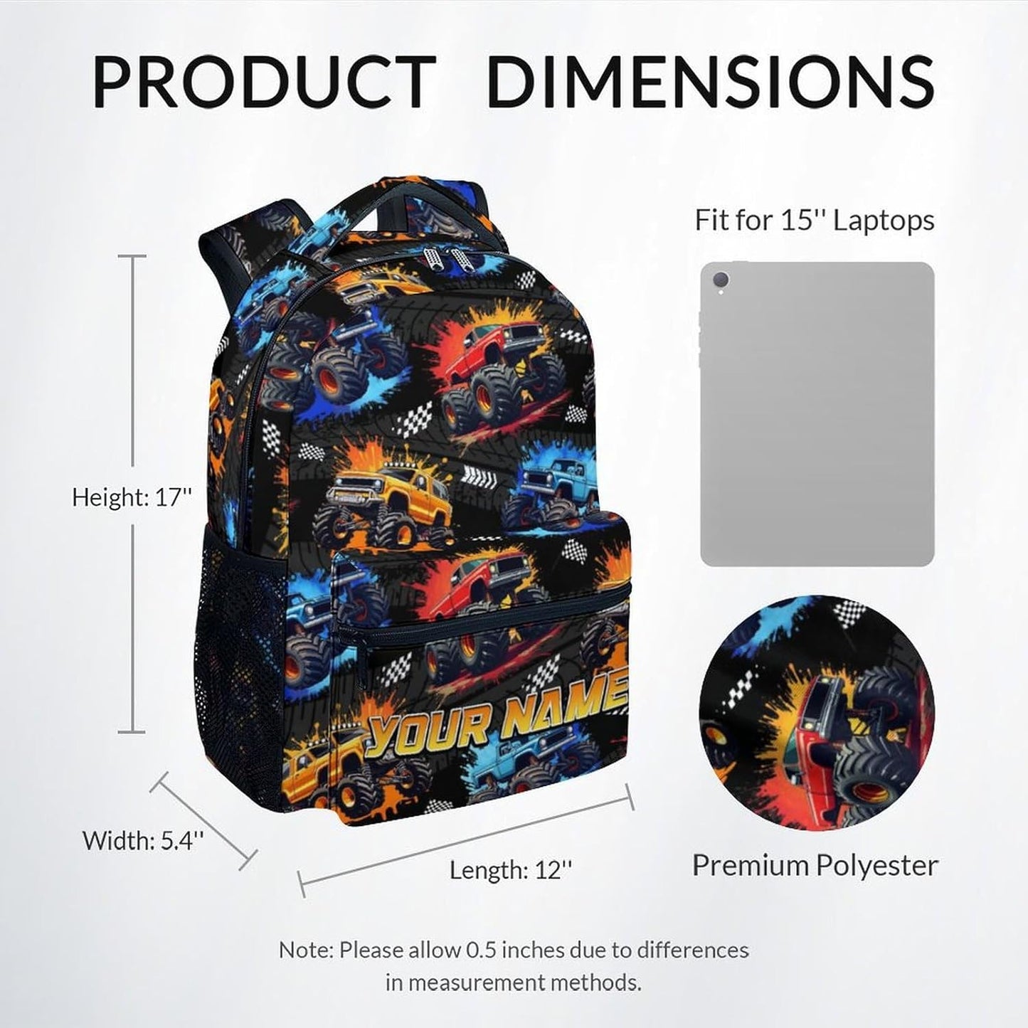 Toddler Backpack - Personalized Truck Backpacks with Name for Boys - Custom Kids Bookbag Gifts for Son - Durable School Bag for Kindergarten/Preschool/Elementary(17 Inch)