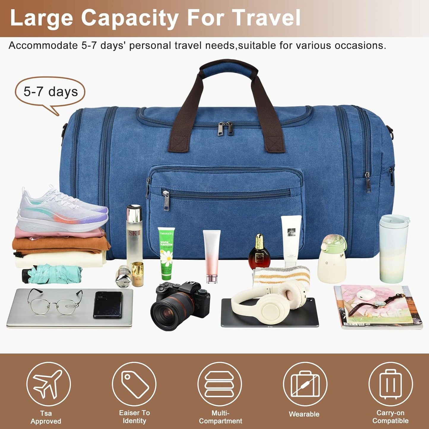 Felipe Varela 60L Duffle Bag for Men, Large Expandable Canvas Duffel Bag for Travel, Mens Carry On