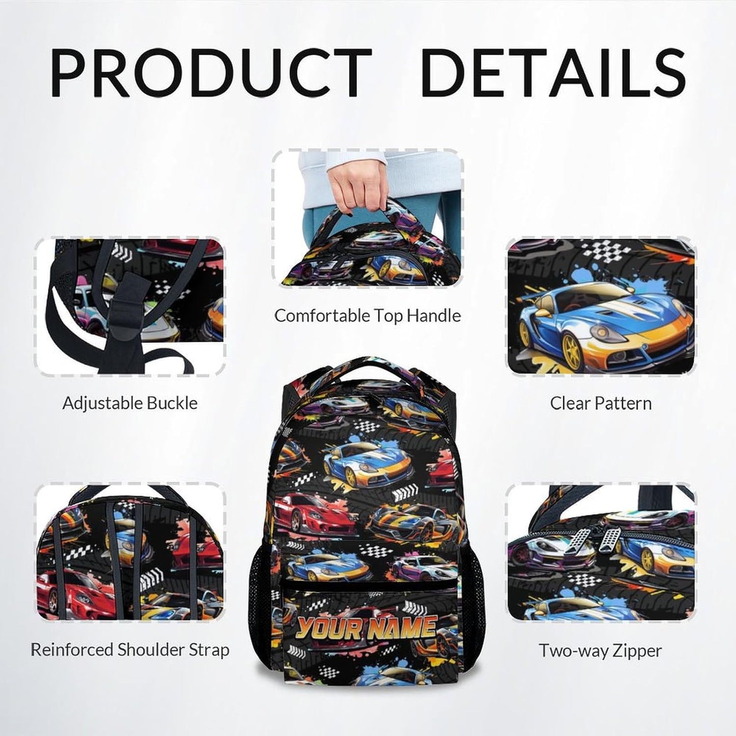 Boys Backpack - Personalized Racing Car Backpacks with Name for Kids - Custom Toddler Bookbag Gifts for Son - Lightweight School Bag for Kindergarten/Preschool/Elementary(17 Inch)