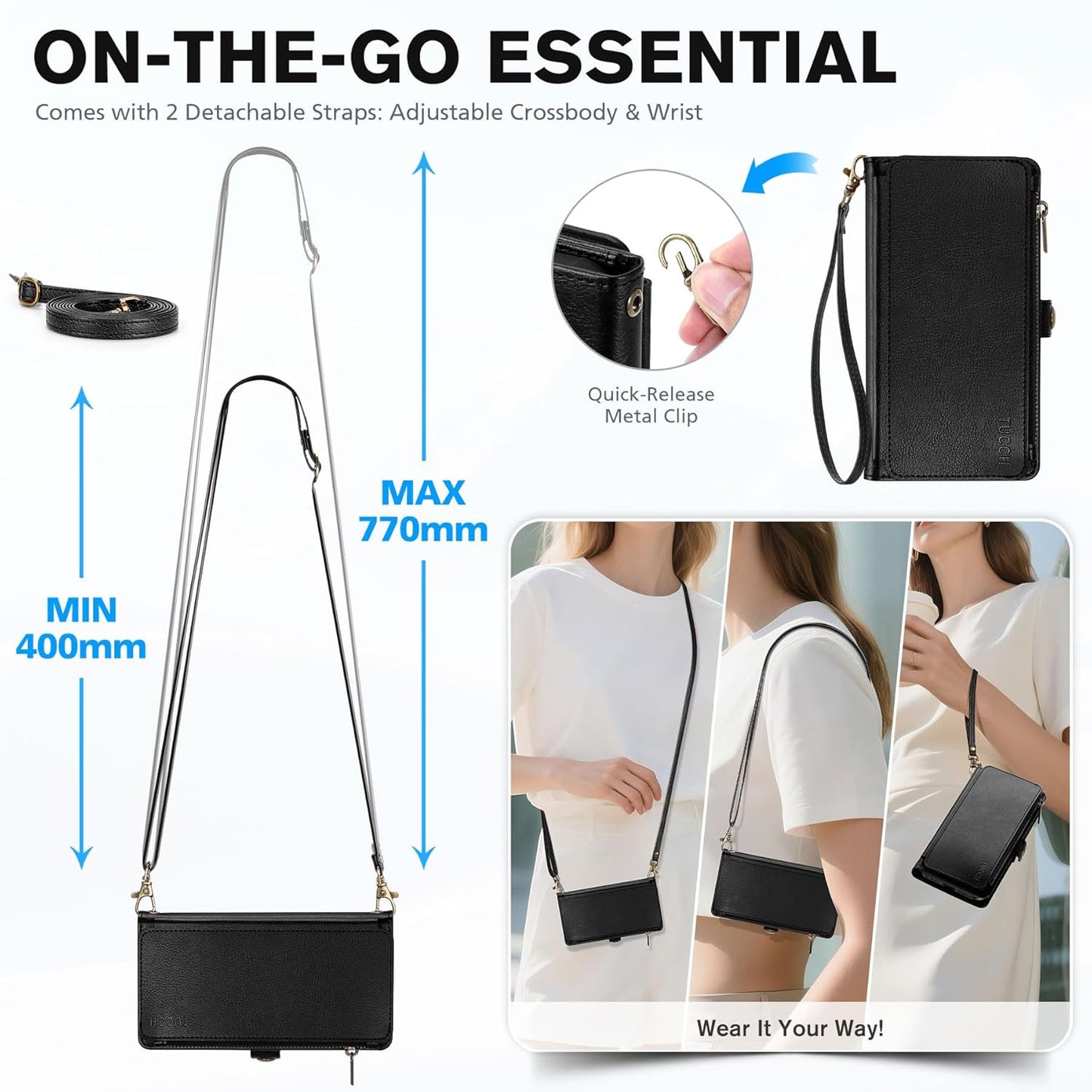 TUCCH Removable Crossbody Case Wallet for iPhone 17 Pro Max, 10 Card Slots RFID Blocking, Stand, Lanyard, Wrist Strap, Wireless Charging, Zipper Pocket, PU Leather, Magnetic Flip Cover, Textured Black