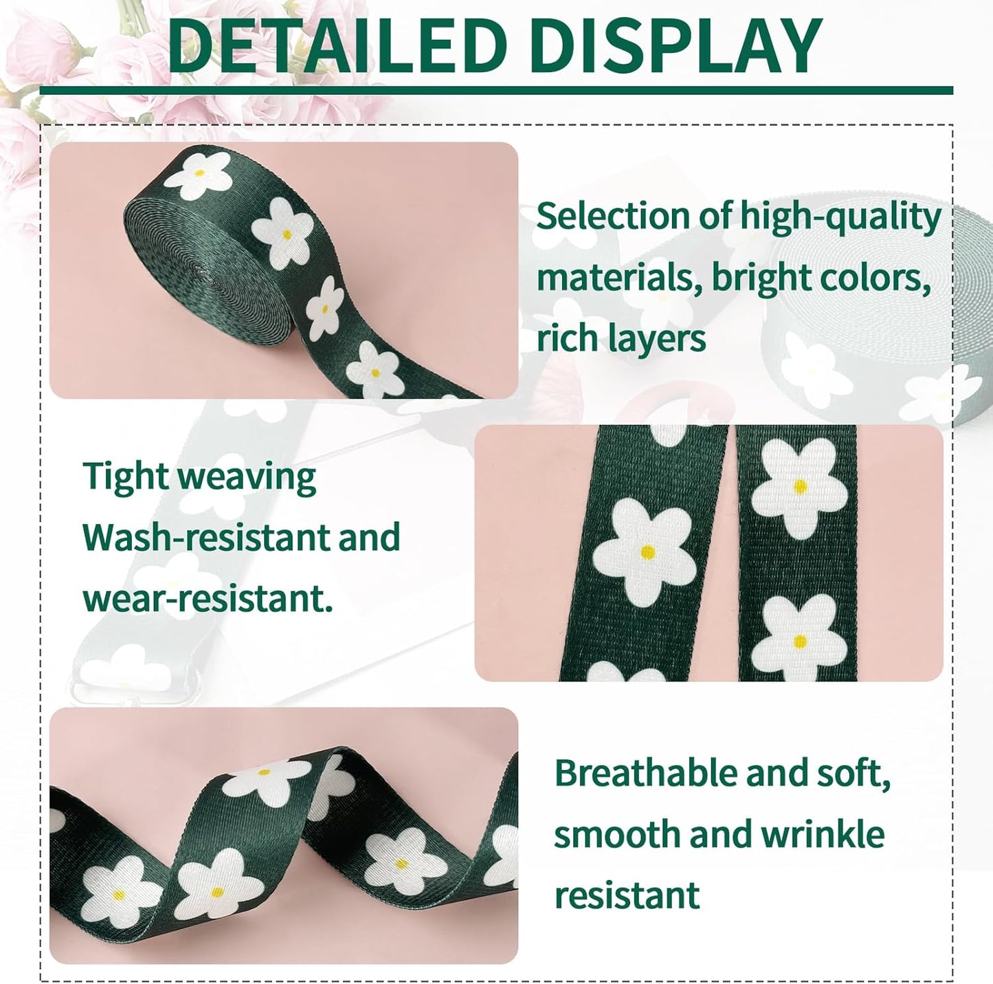 1.5 inch Printed Nylon Webbing Straps for Bags with Buckle 1 1/2 inch 6 Yards Deep Green Thick Patterned Fabric Webbing Luggage Handle Ribbon for Backpack-Home Deco-Clothing-Sewing-DIY Crafts