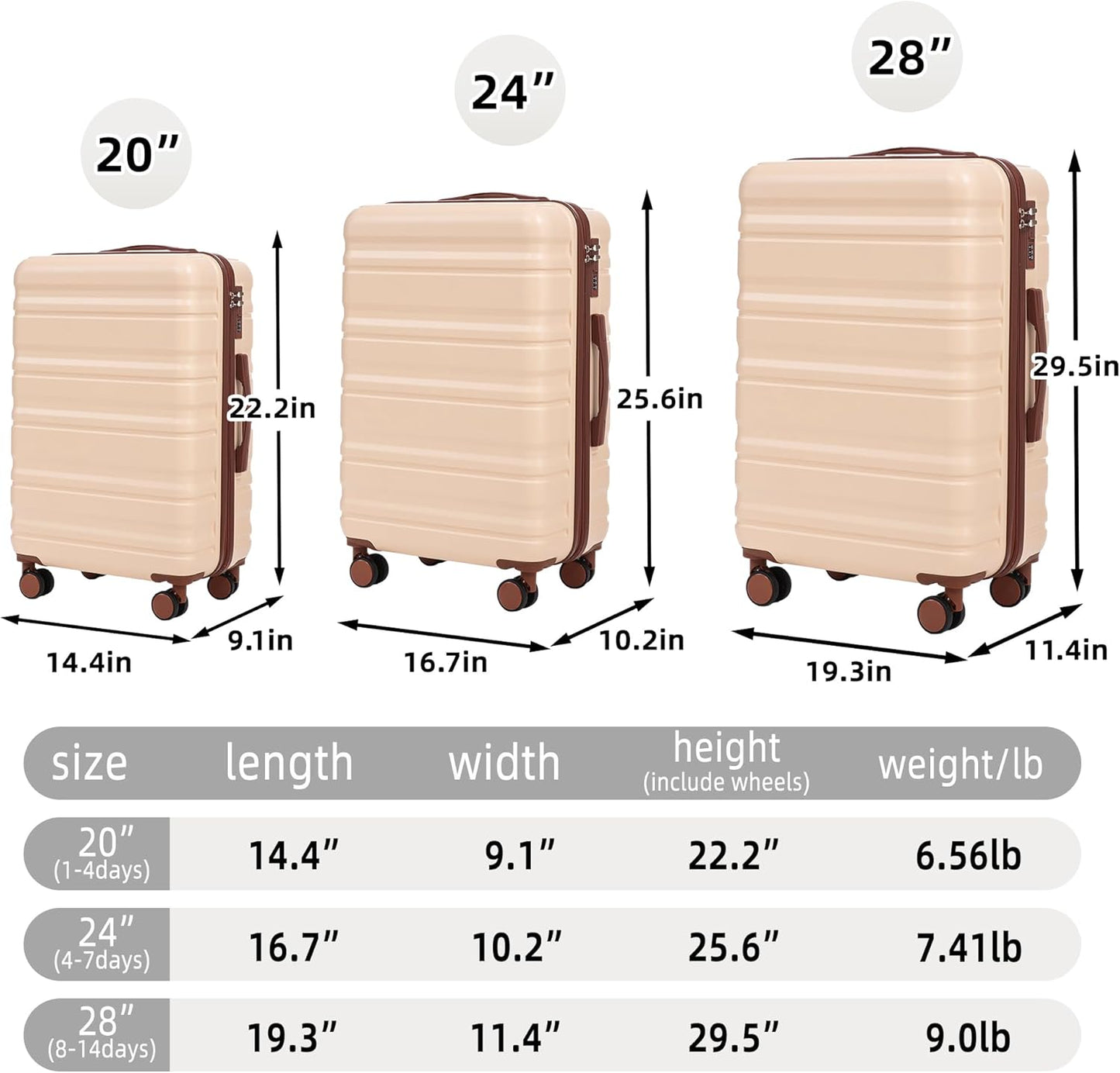 Campfun 3 Piece Luggage Sets, ABS Suitcase Set with Double Spinner Wheels Hang Hook, Durable Carry On Luggage with Combination Lock, 20/24/28 inch, Beige