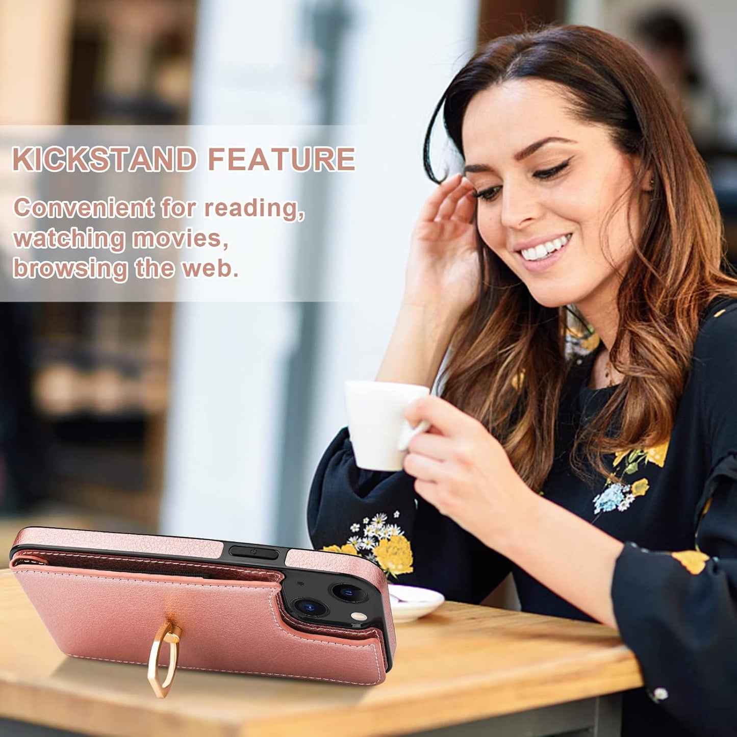 Folosu Compatible with iPhone 14 Case Wallet with Card Holder, 360°Rotation Finger Ring Holder Kickstand, RFID Blocking Leather Protective Double Buttons Shockproof Cover 6.1 Inch Rose Gold