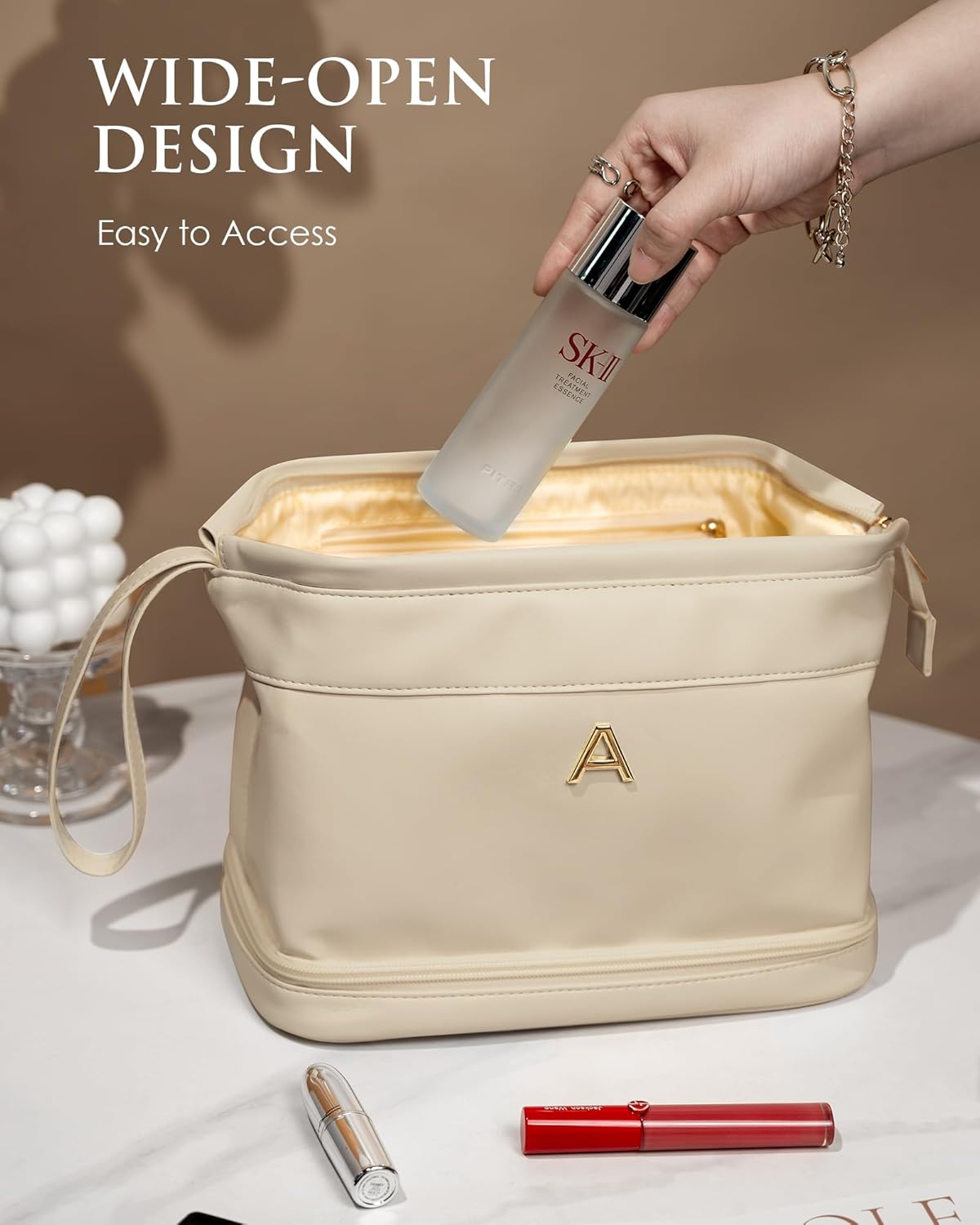 Gifts for Her - Initial Large Makeup Bags, Personalized Double Layer Cosmetic Bags with Makeup
