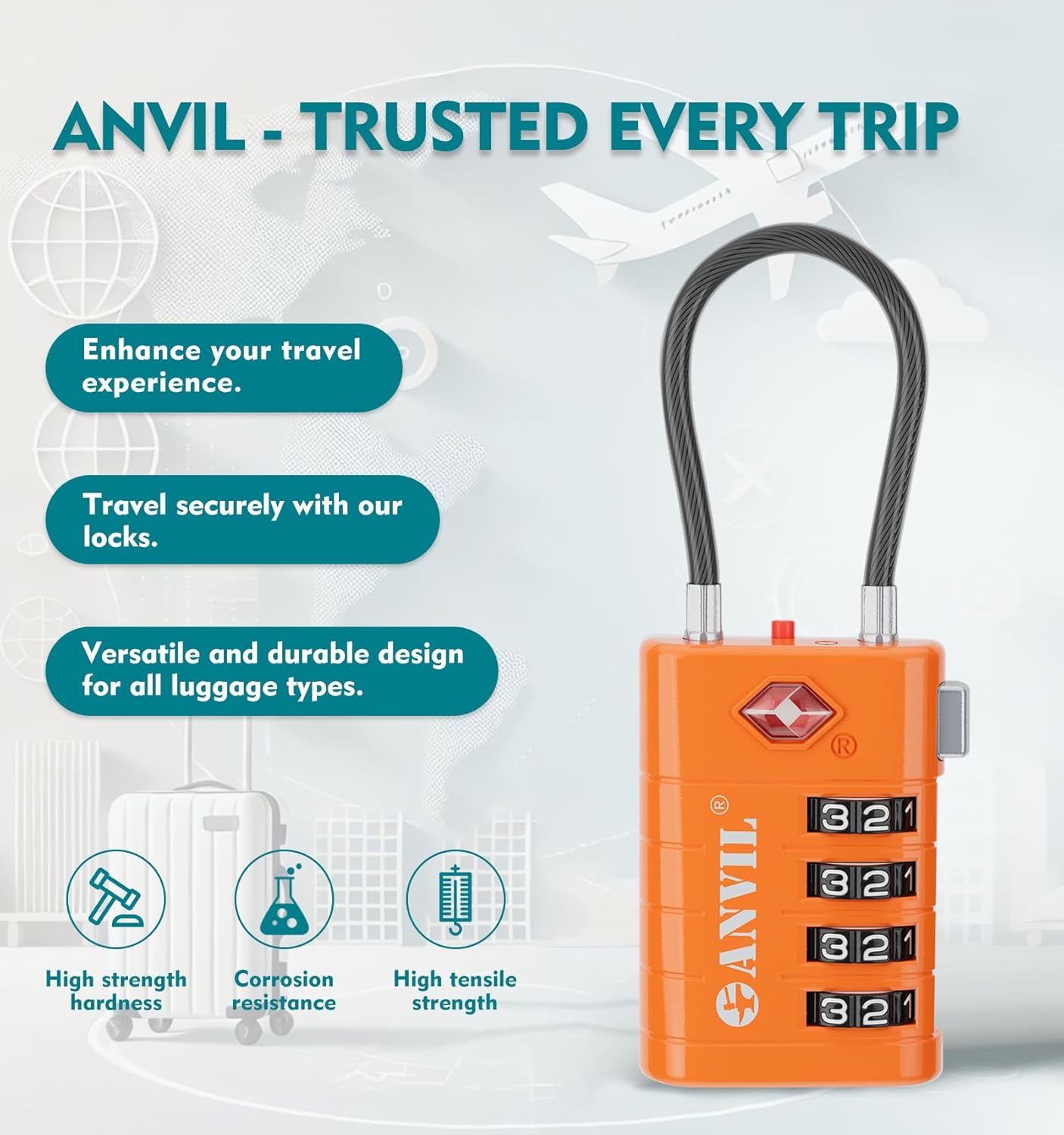 ANVIL TSA Approved Luggage Locks, 4 Digit Combination Travel Suitcase Locks with TSA008 Core and