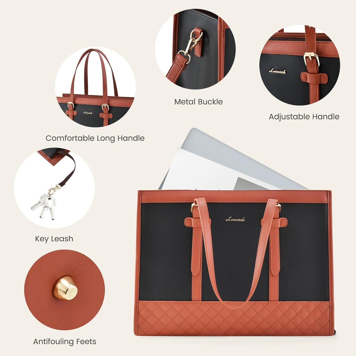 LOVEVOOK Laptop Bag for Women,15.6 inch Laptop Tote Bag Waterproof PU Leather Computer Bag Work Bags for Business Office, Large Capacity Laptop Purse Professional Work Tote Black