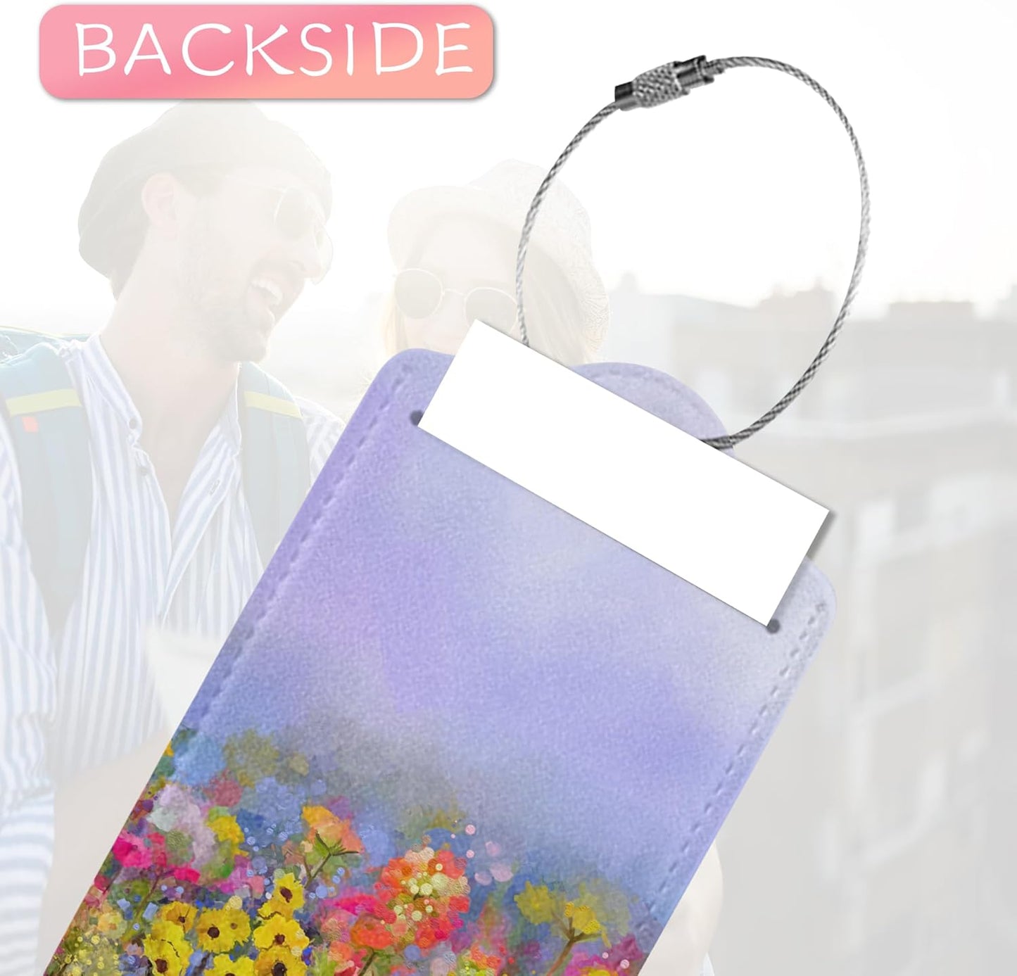Luggage Tags for Suitcases, 2 Pack Spring Abstract Flowers Luggage Tag, Leather Stainless Steel Loop Label Tag for Men Travel Bag Suitcase