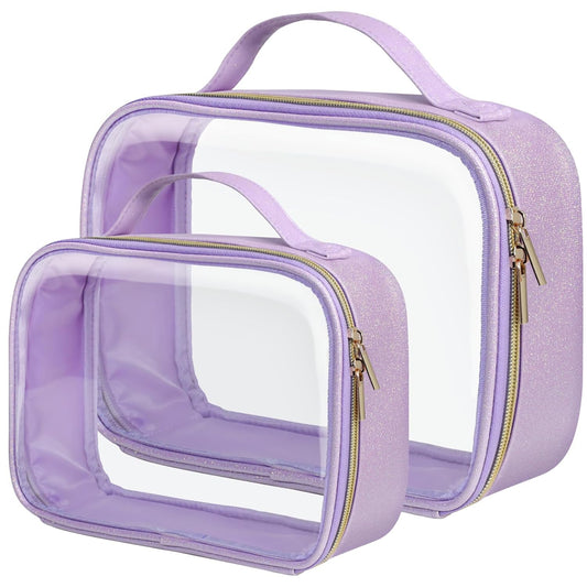 PACKISM TSA Approved Toiletry Bag - Glitter Textured Clear Travel Bag, Personalized and Fashion, with 180° Large Opening and Supporting Frame, Perfect for Travel Essentials, Thick No Smell, Purple