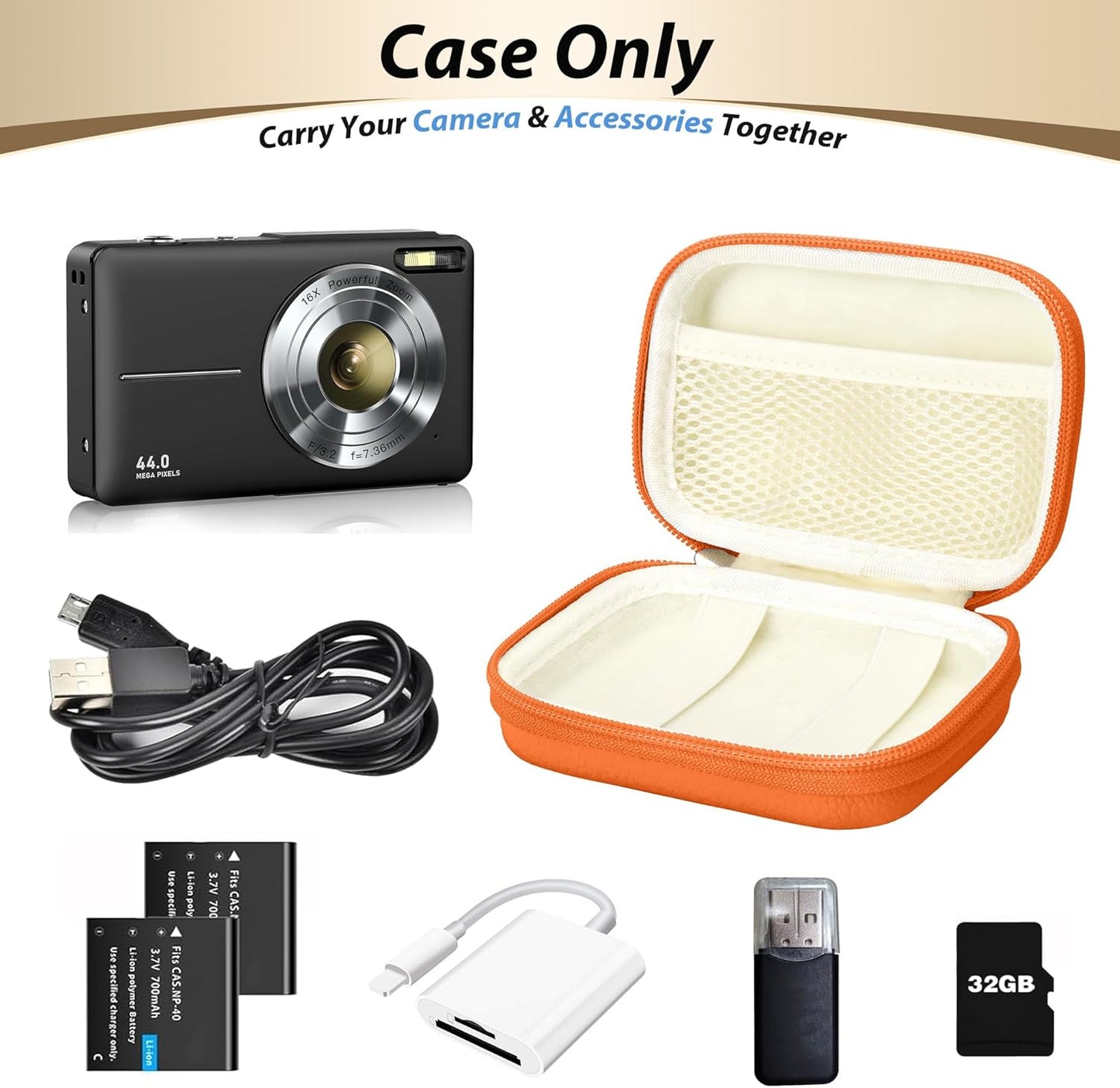 Digital Camera Case for CAMKORY, KODAK PIXPRO FZ45/FZ55, Canon IXUS 285 HS, Lecran, Small Travel Compact Camera Holder with Mesh Pocket for Accessories SD Card (Orange)