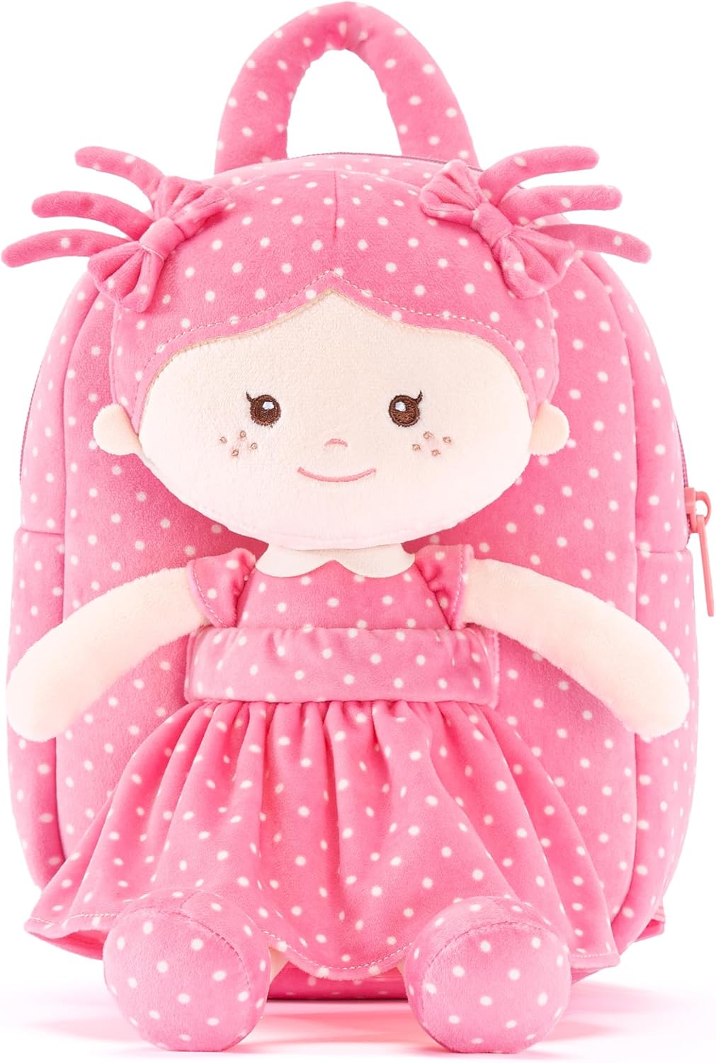 Onetoo Toddler Backpack Back to School Gifts for Girls Kids Backpacks with Soft Light Baby Dolls in Rose Red Polka Dots Dress 9"