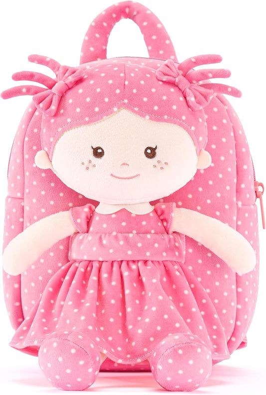 Onetoo Toddler Backpack Back to School Gifts for Girls Kids Backpacks with Soft Light Baby Dolls in Rose Red Polka Dots Dress 9"