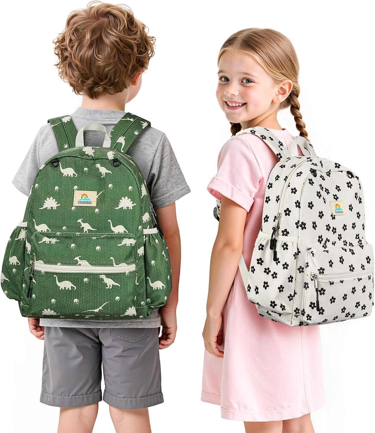 STEAMEDBUN Corduroy Kids Backpack for Girls and Boys 5-8: Girls Backpack for Elementary Kindergarten - 15 inch Cute Backpacks for Kids - Flower