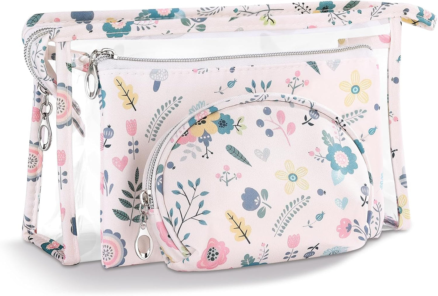 Richeart Makeup Bag, Clear Bag with Zipper, 3PC Floral Flowers Makeup Pouch, Waterproof Small Pouch, Portable Travel Toiletry Bag, C