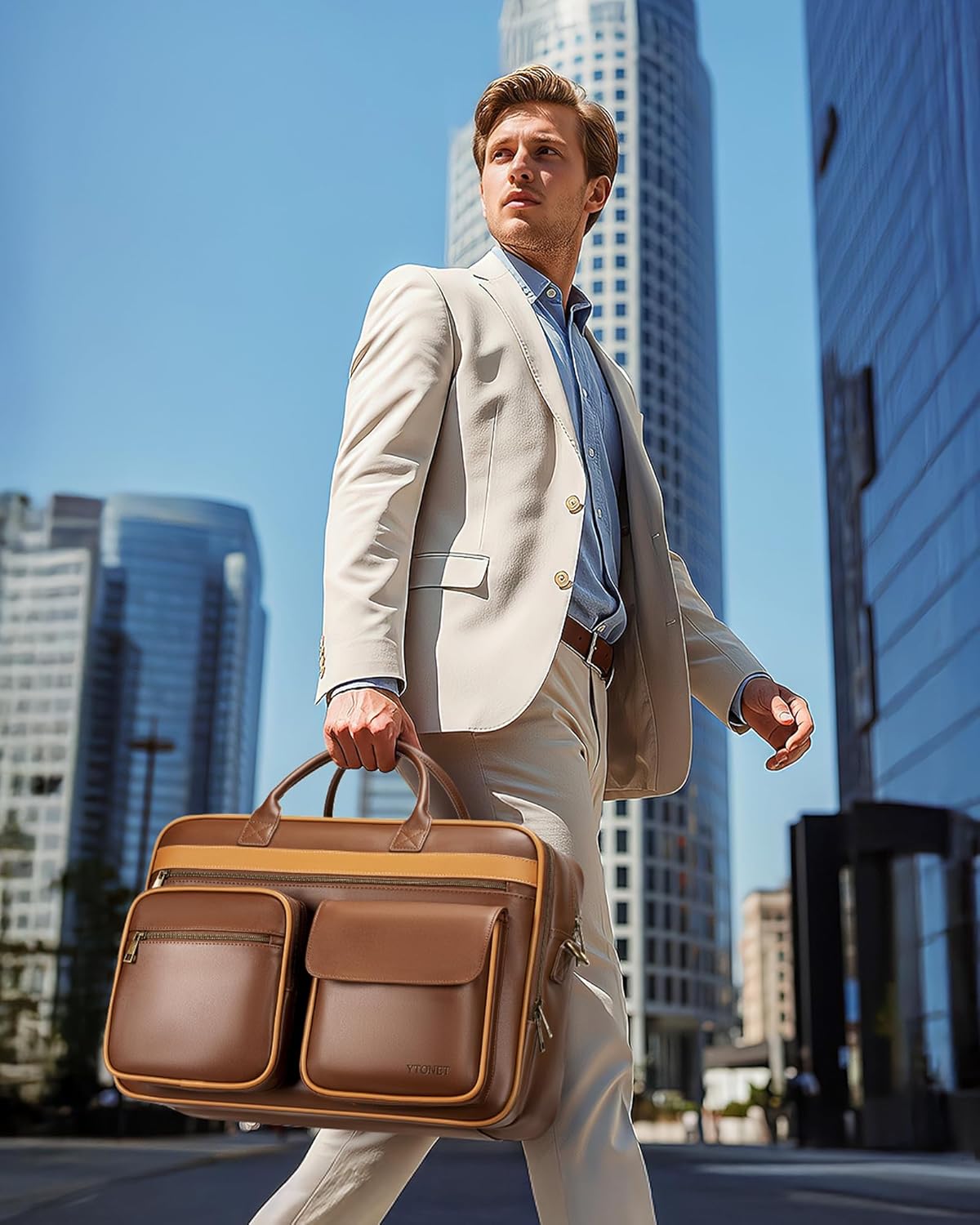 Ytonet Leather Messenger Bag for Men, 15.6 In Vintage Briefcase with Padded Laptop Compartment, Large Satchel Bags Laptop Bag for Mens, Waterproof Computer Bags for Work Office Business Travel, Brown